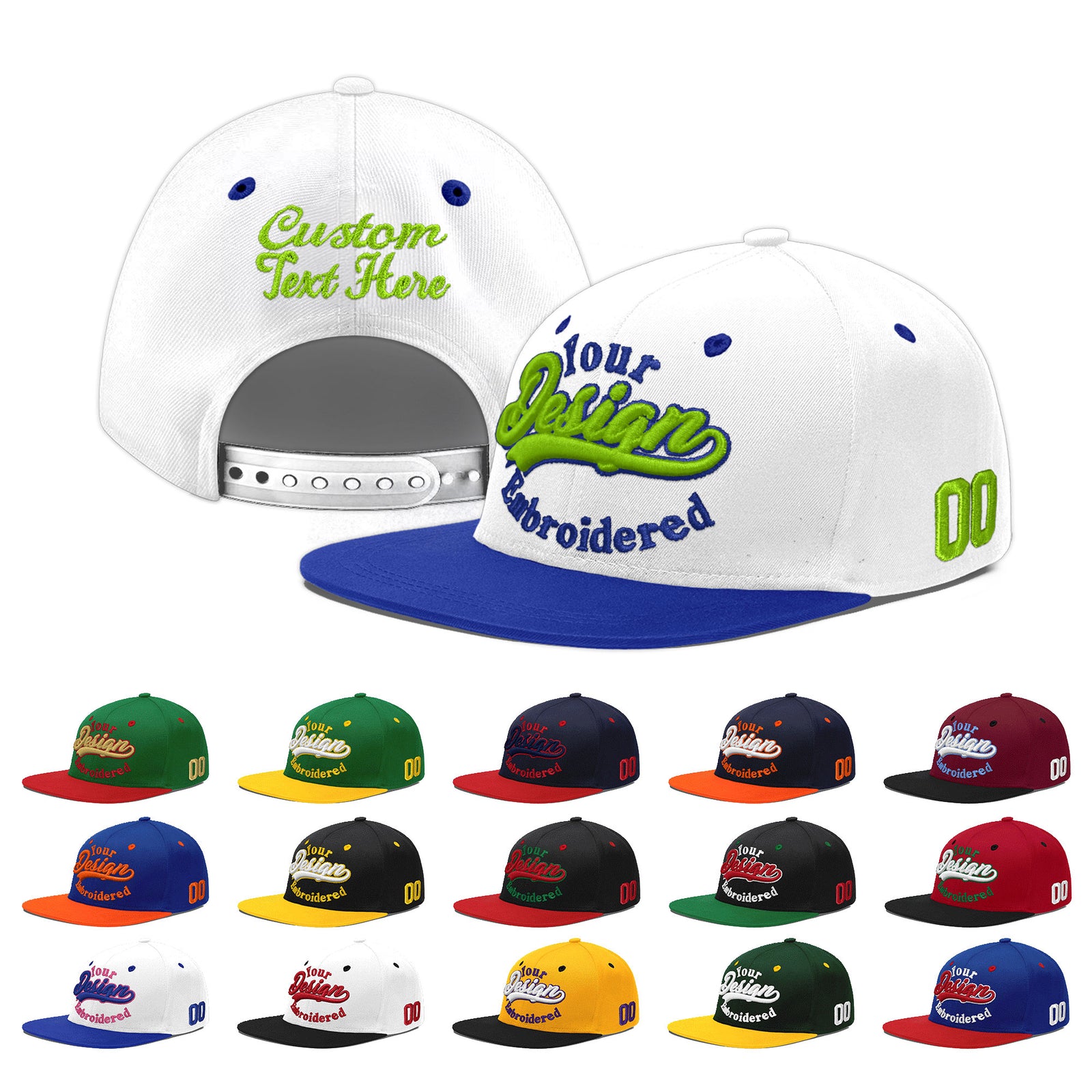 Custom White Royal Blue 3D Puff Embroidery Flat Embroidery Casual Sport Baseball Cap