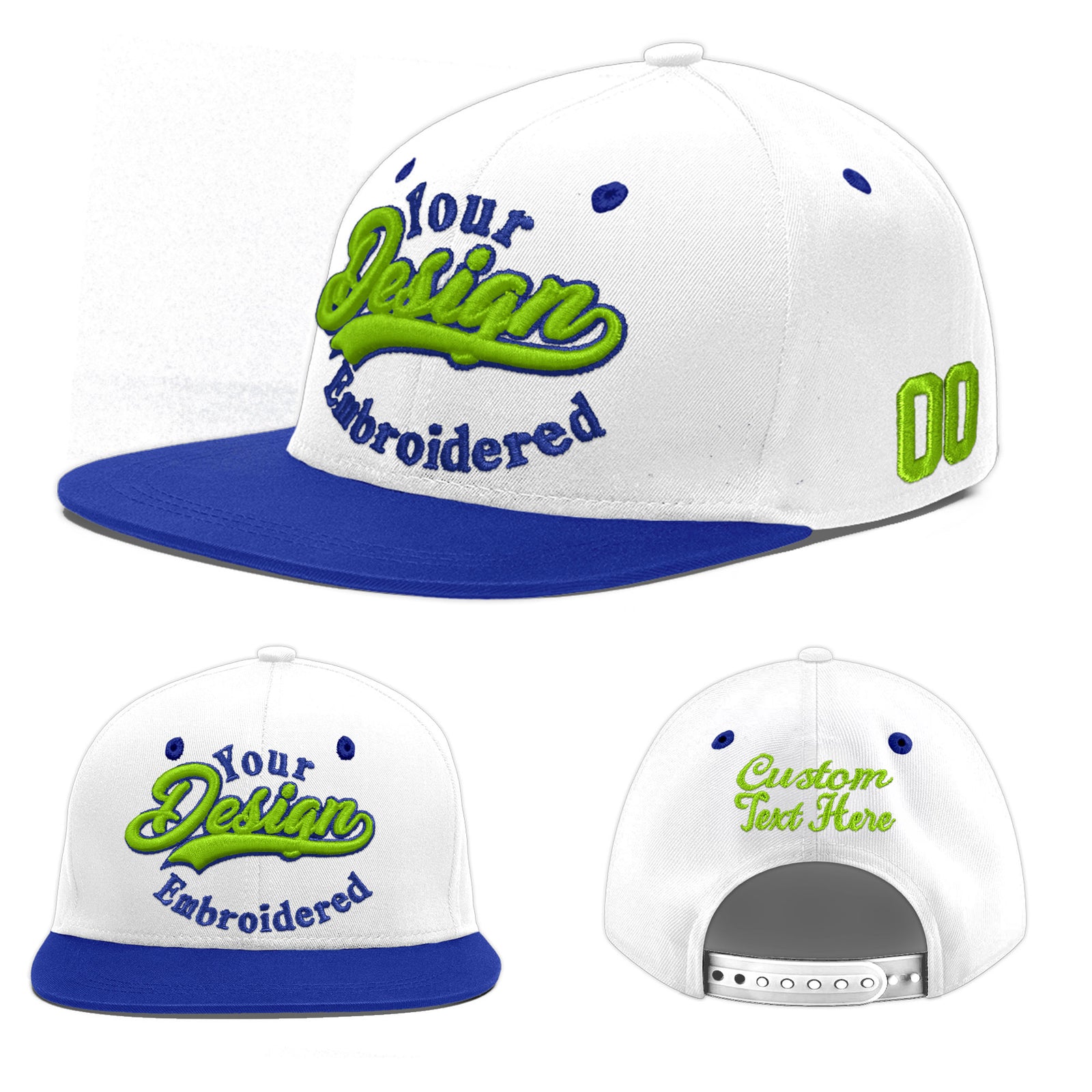 Custom White Royal Blue 3D Puff Embroidery Flat Embroidery Casual Sport Baseball Cap