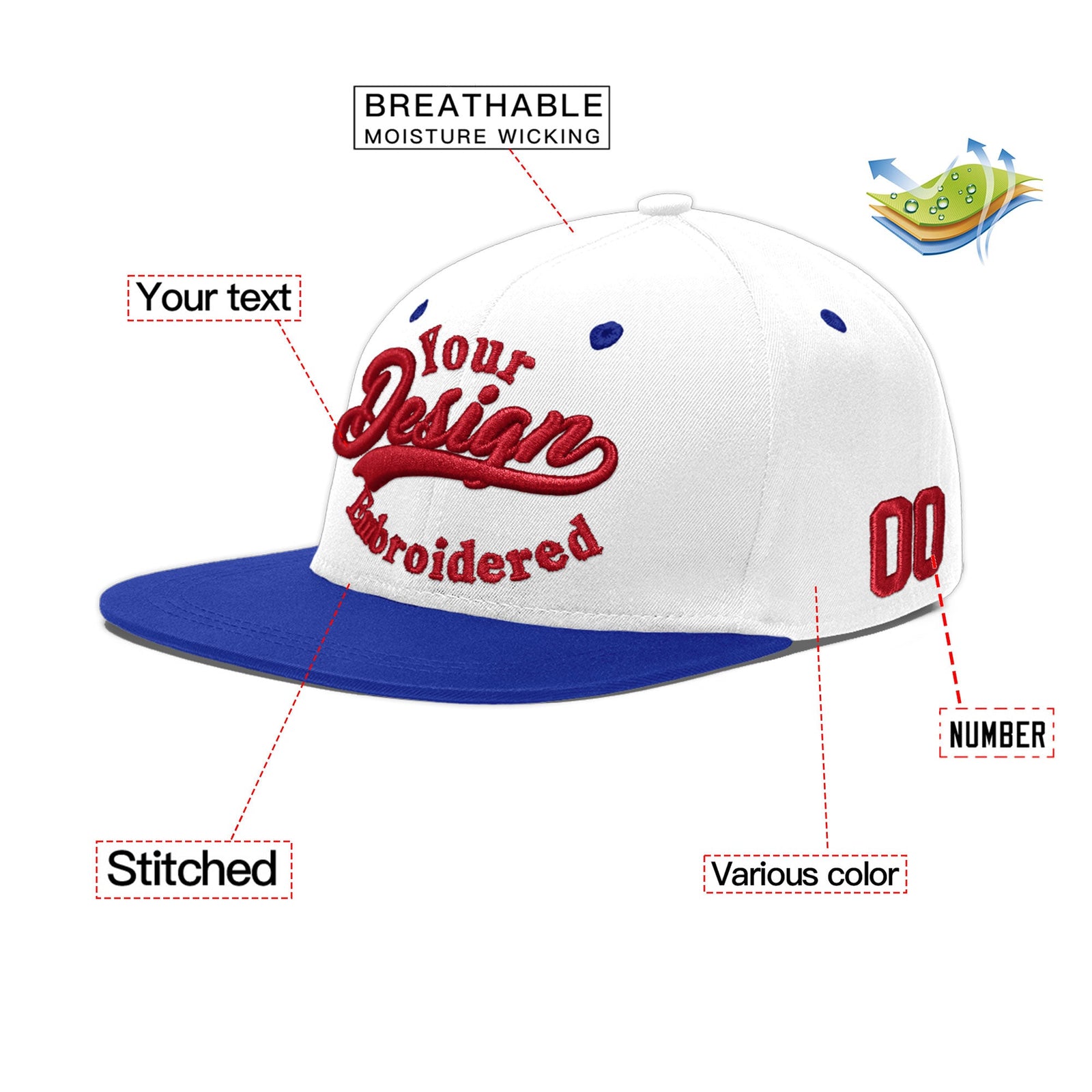 Custom White Royal Blue 173D Puff Embroidery Flat Embroidery Casual Sport Baseball Cap