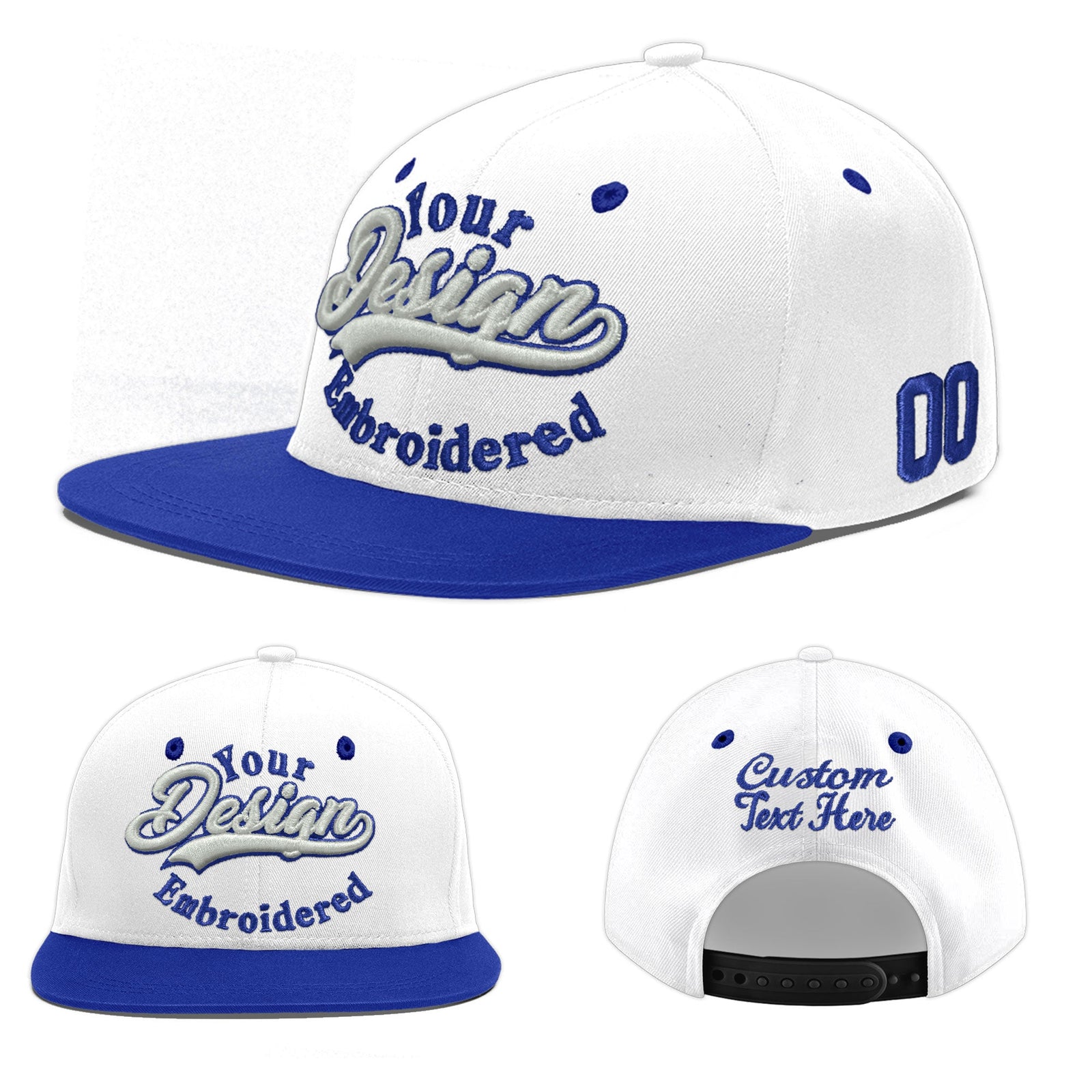 Custom White Royal Blue 180D Puff Embroidery Flat Embroidery Casual Sport Baseball Cap