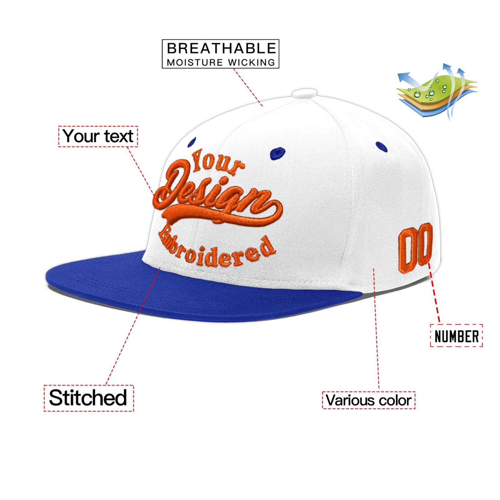 Custom White Royal Blue 197D Puff Embroidery Flat Embroidery Casual Sport Baseball Cap