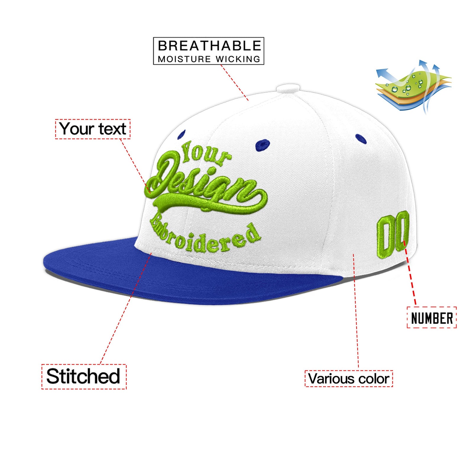 Custom White Royal Blue 165D Puff Embroidery Flat Embroidery Casual Sport Baseball Cap