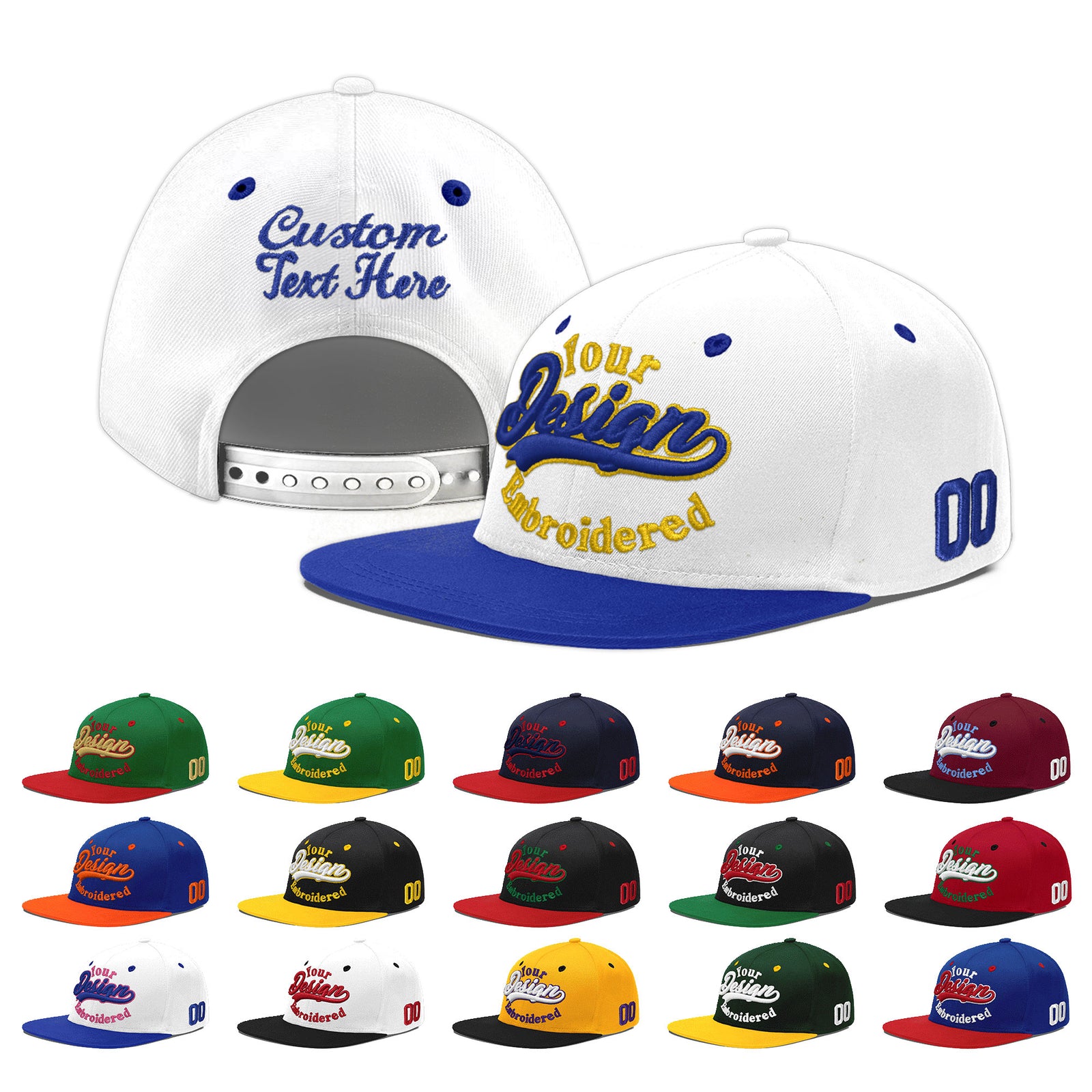 Custom White Royal Blue 171D Puff Embroidery Flat Embroidery Casual Sport Baseball Cap