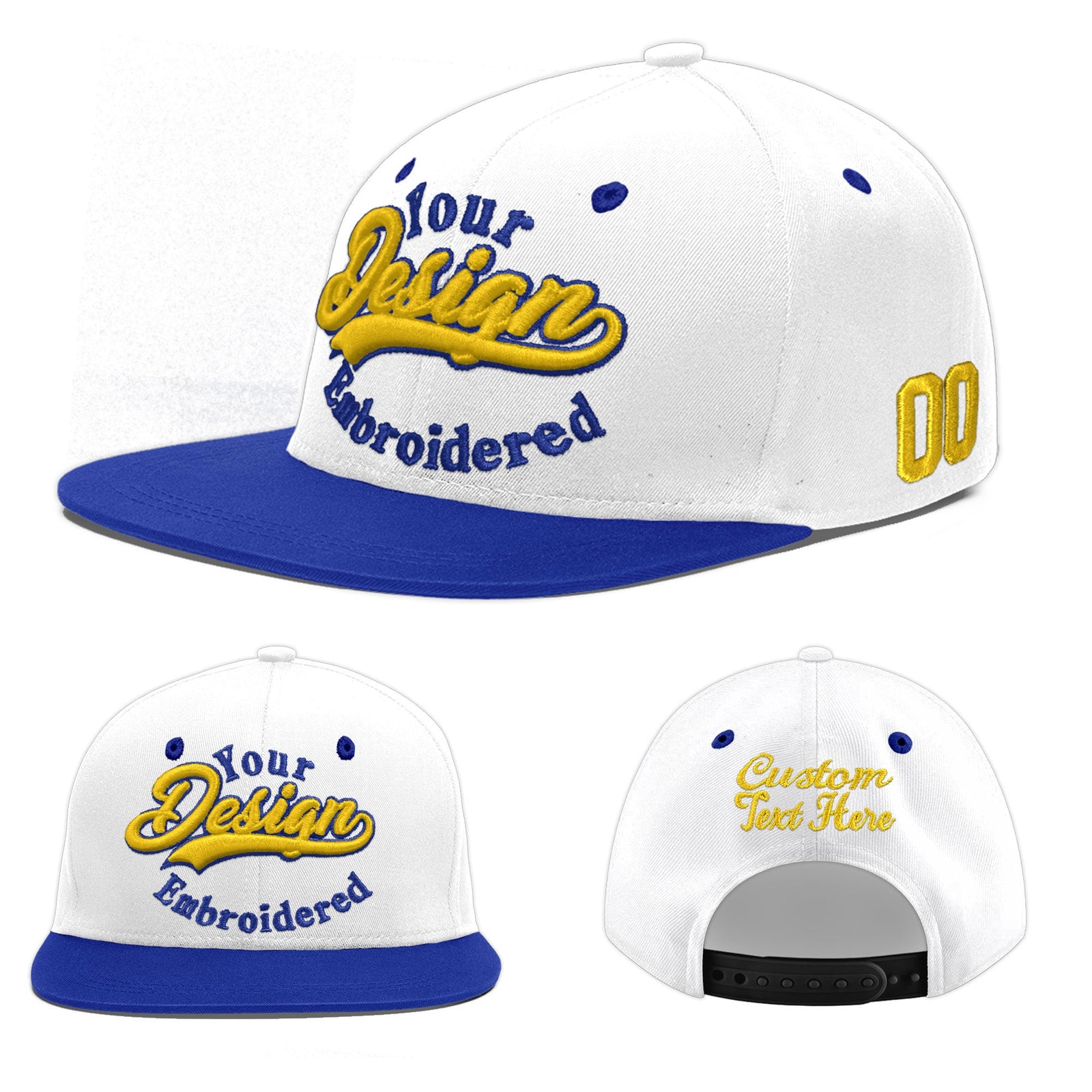 Custom White Royal Blue 180D Puff Embroidery Flat Embroidery Casual Sport Baseball Cap