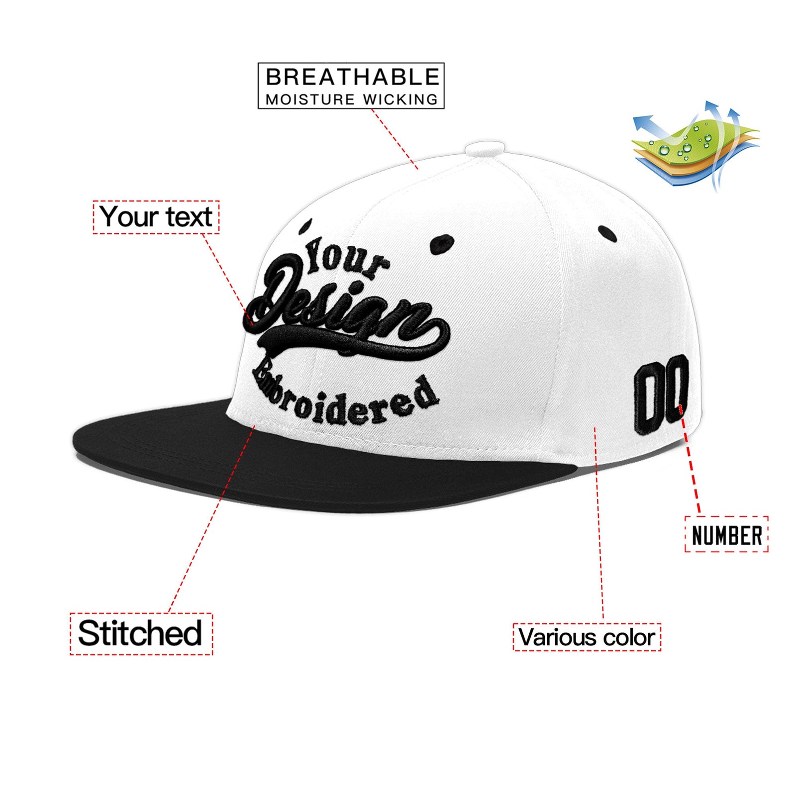 Custom White Black 3D Puff Embroidery Flat Embroidery Casual Sport Baseball Cap