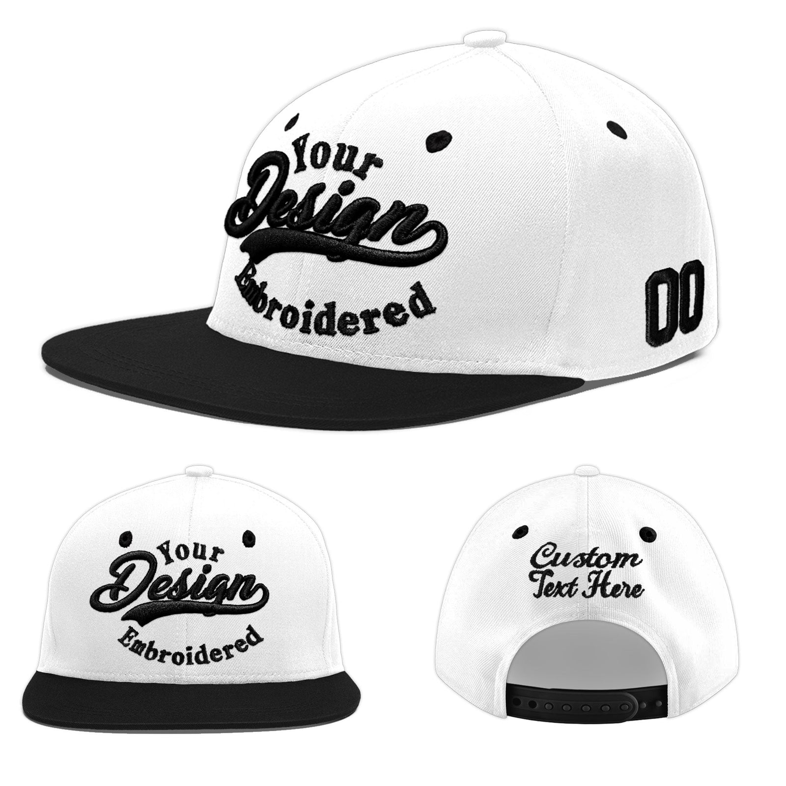 Custom White Black 3D Puff Embroidery Flat Embroidery Casual Sport Baseball Cap