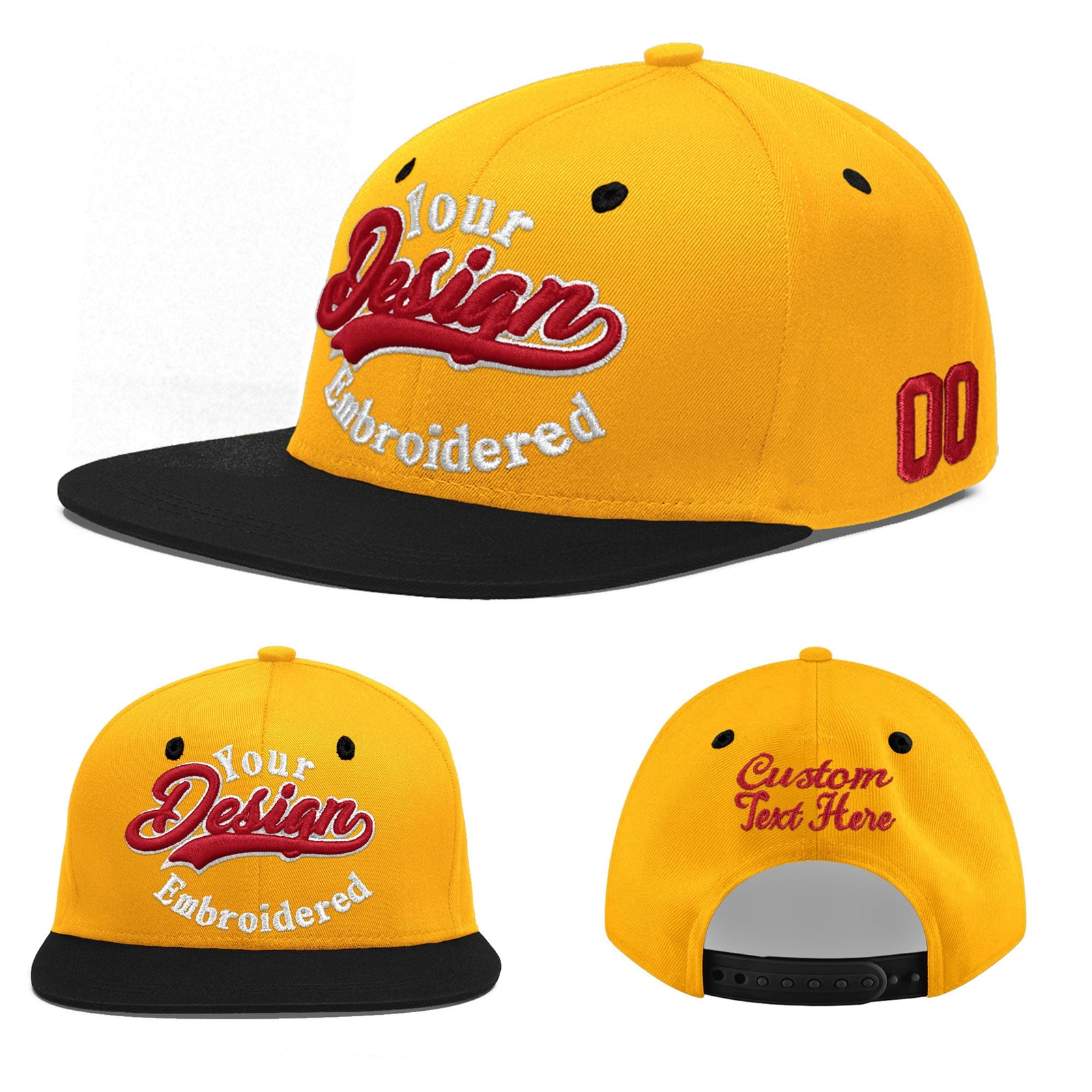 Custom Gold Black 3D Puff Embroidery Flat Embroidery Casual Sport Baseball Cap