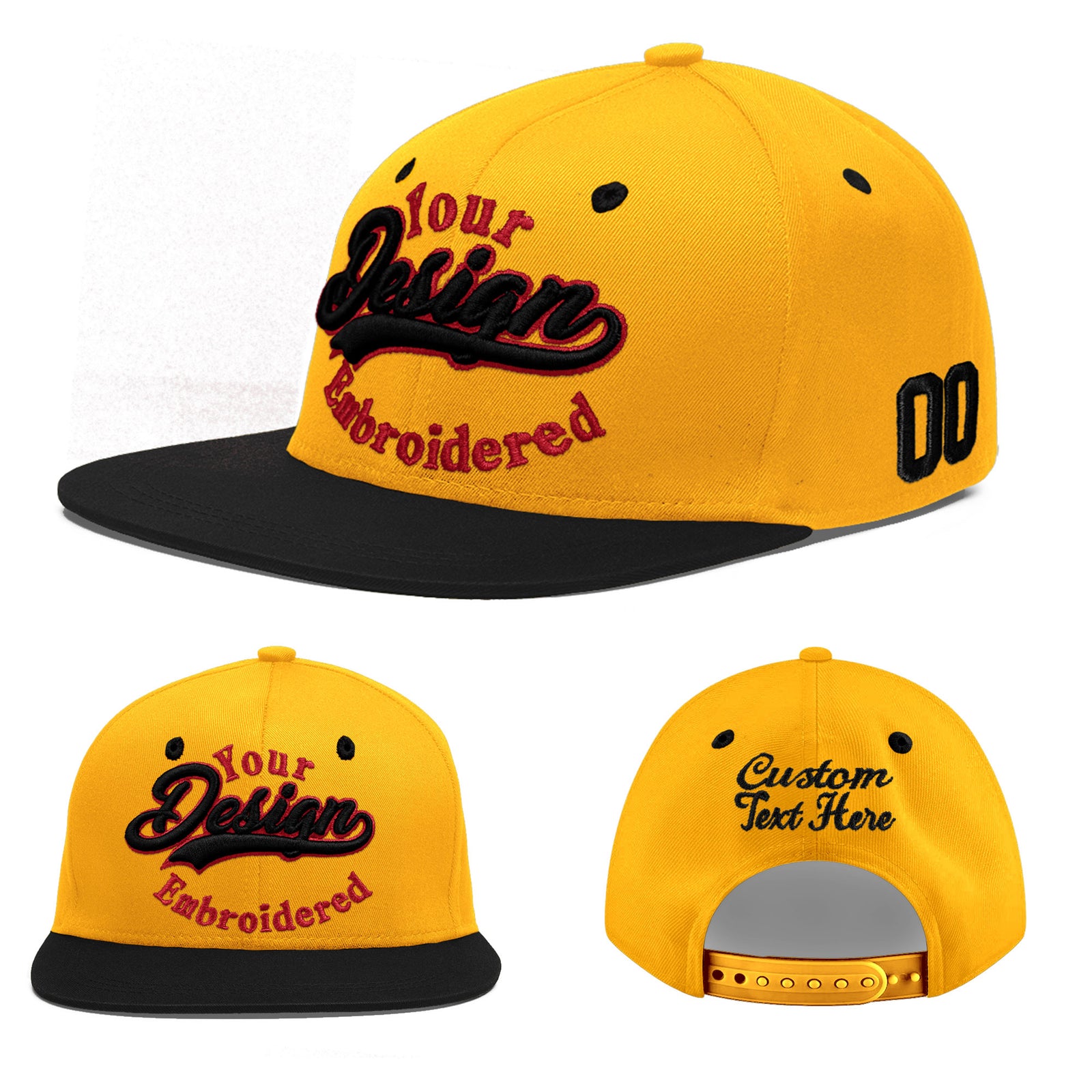 Custom Gold Black 140D Puff Embroidery Flat Embroidery Casual Sport Baseball Cap