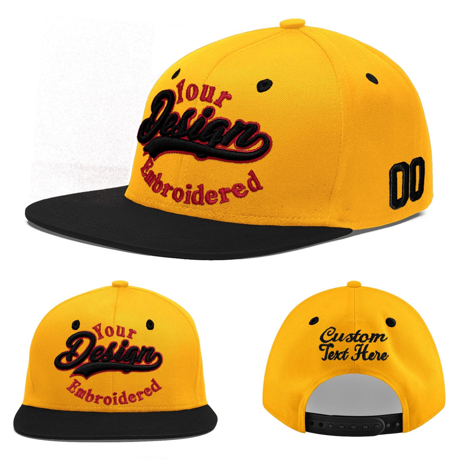 Custom Gold Black 140D Puff Embroidery Flat Embroidery Casual Sport Baseball Cap