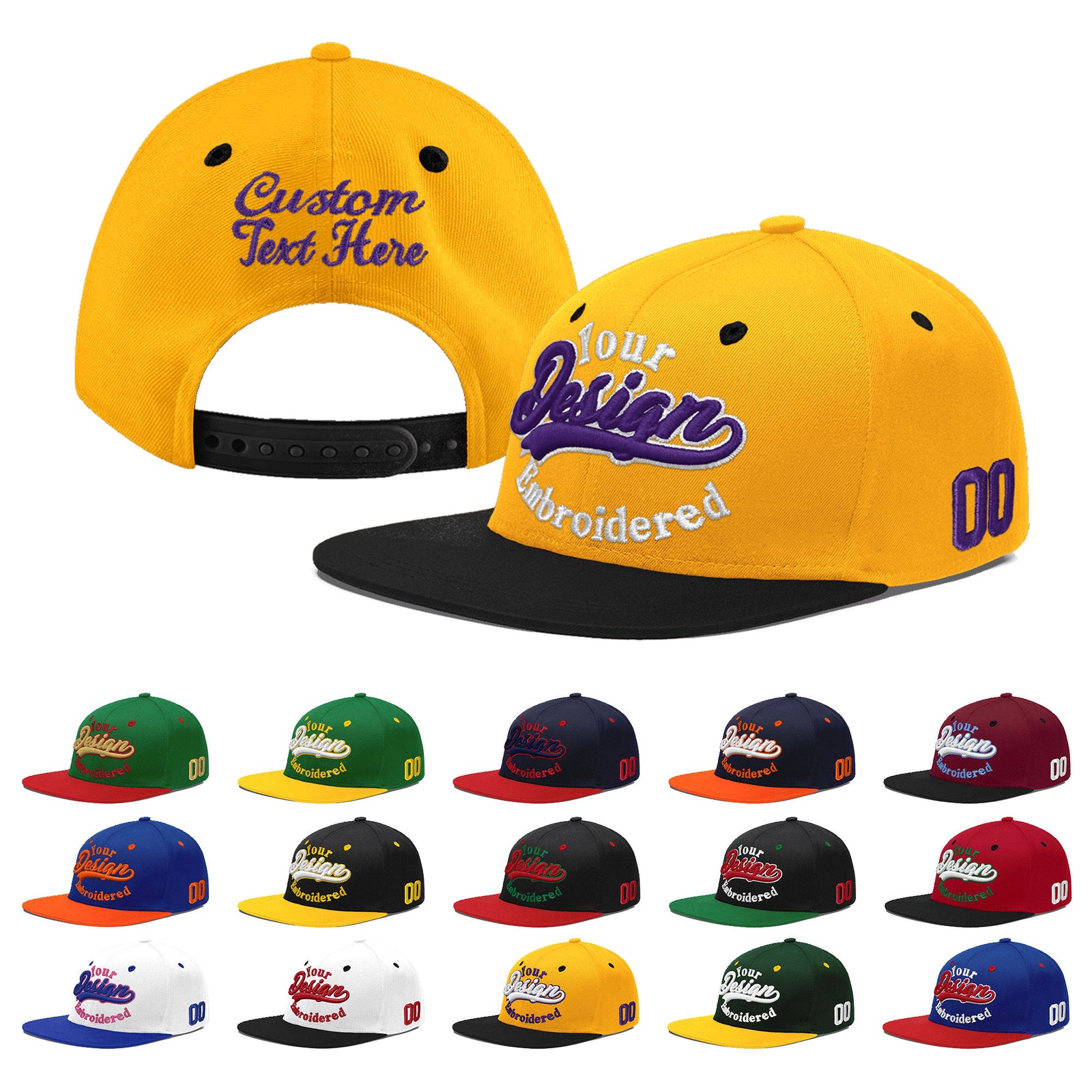 Custom Gold Black 147D Puff Embroidery Flat Embroidery Casual Sport Baseball Cap