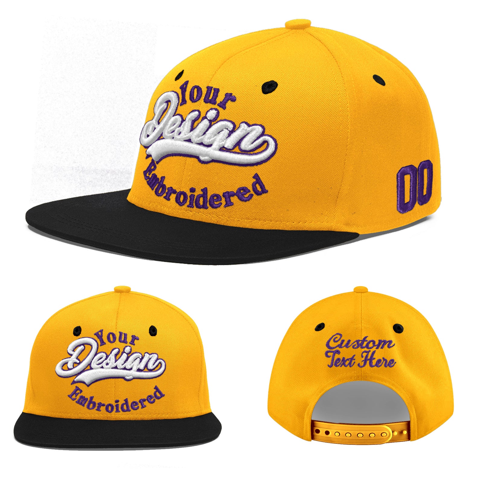 Custom Gold Black 156D Puff Embroidery Flat Embroidery Casual Sport Baseball Cap