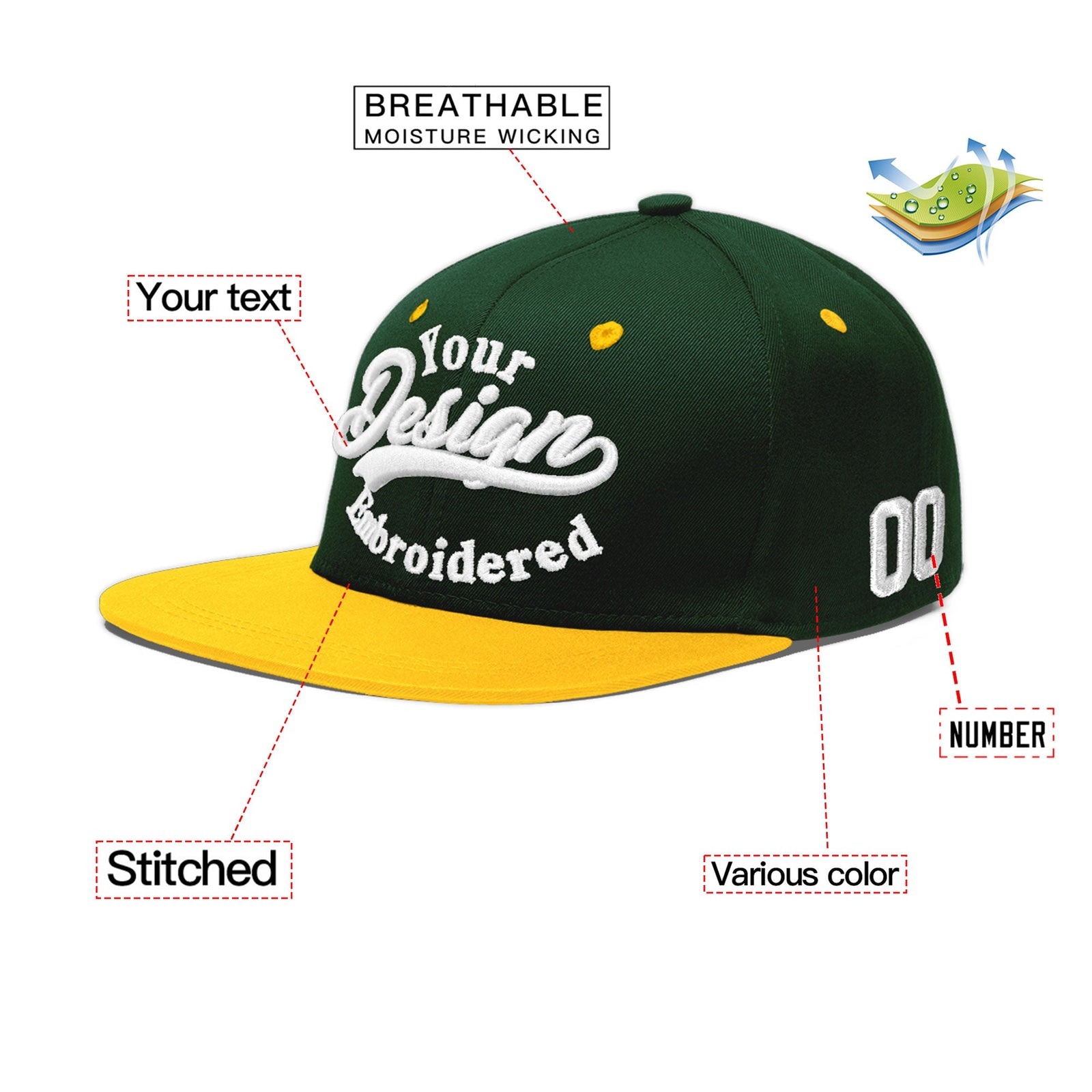 Custom Green Gold 3D Puff Embroidery Flat Embroidery Casual Sport Baseball Cap