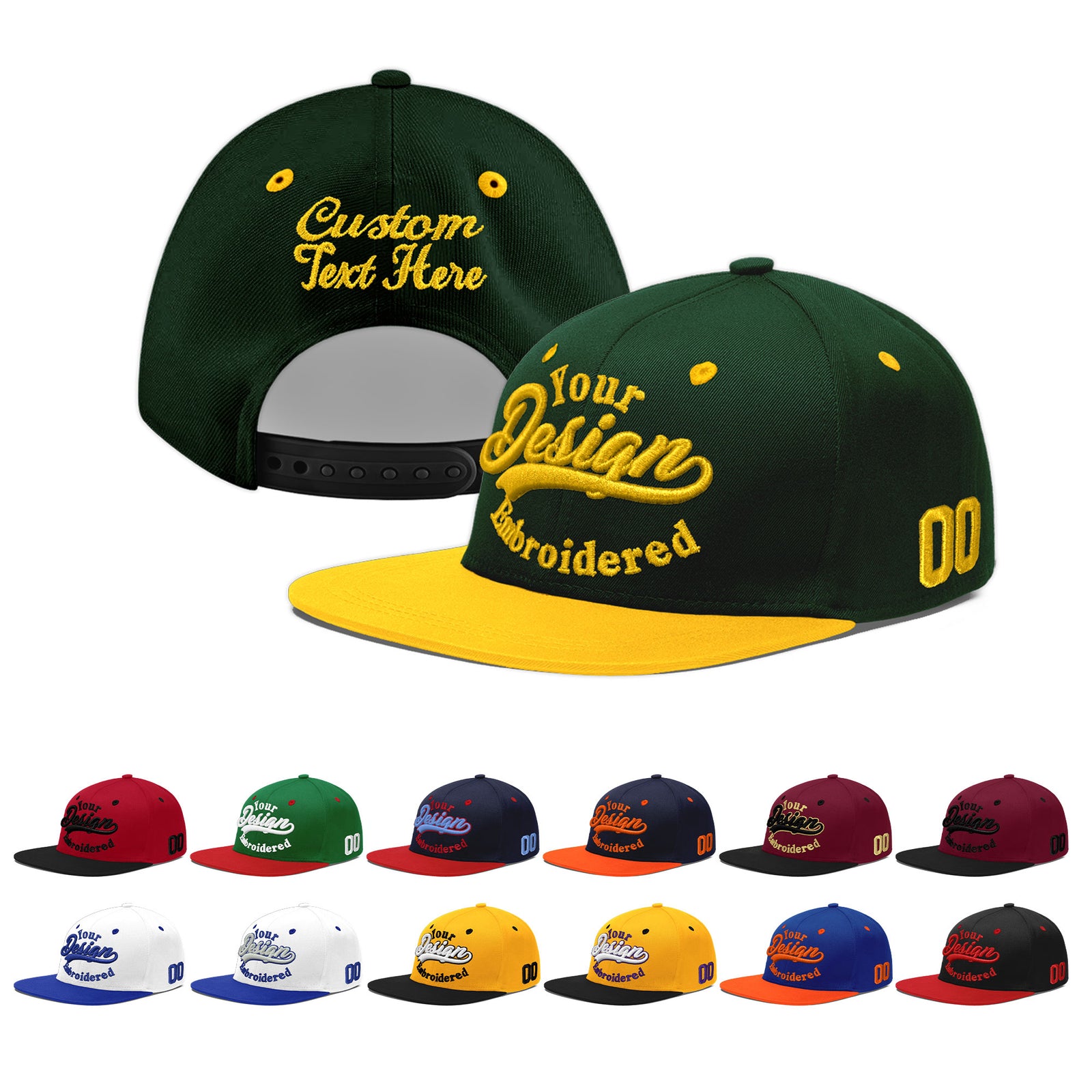 Custom Green Gold 3D Puff Embroidery Flat Embroidery Casual Sport Baseball Cap