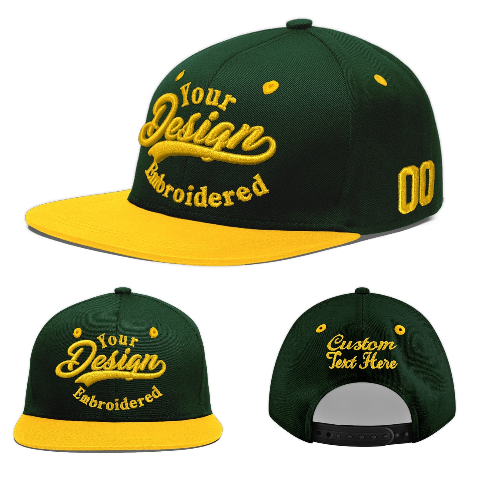 Custom Green Gold 3D Puff Embroidery Flat Embroidery Casual Sport Baseball Cap