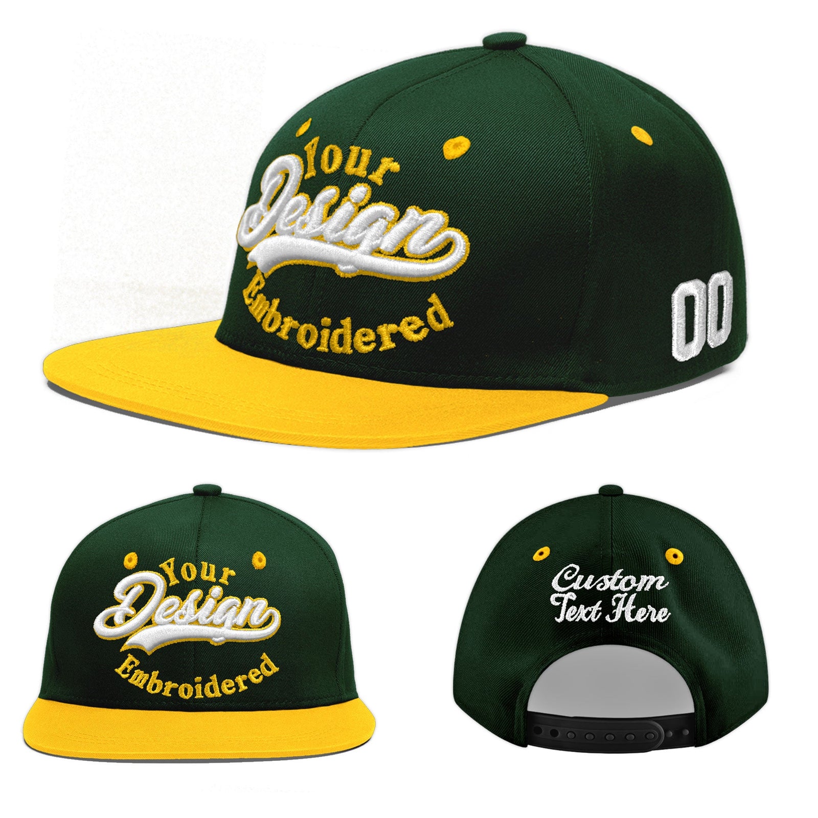 Custom Green Gold 3D Puff Embroidery Flat Embroidery Casual Sport Baseball Cap