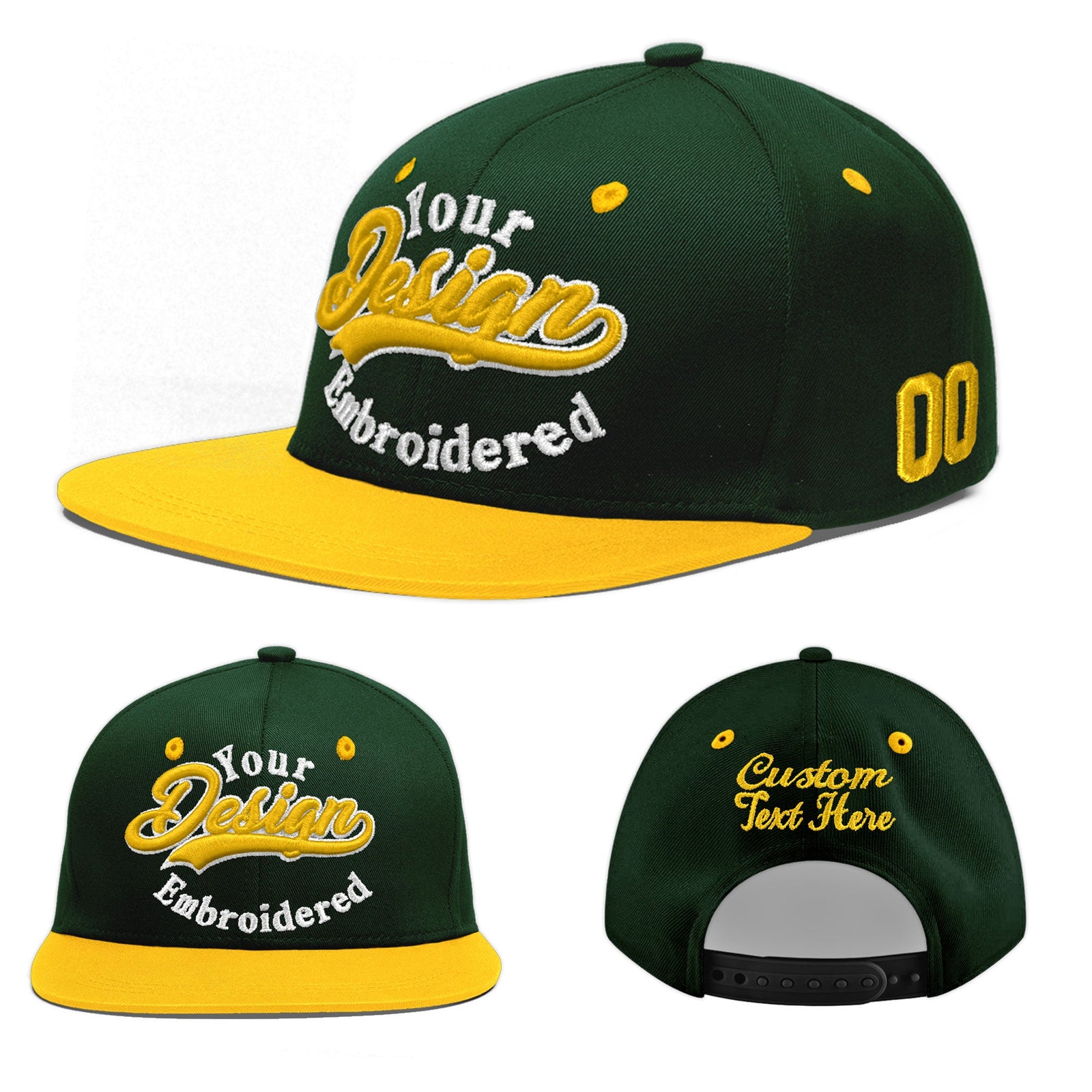 Custom Green Gold 3D Puff Embroidery Flat Embroidery Casual Sport Baseball Cap