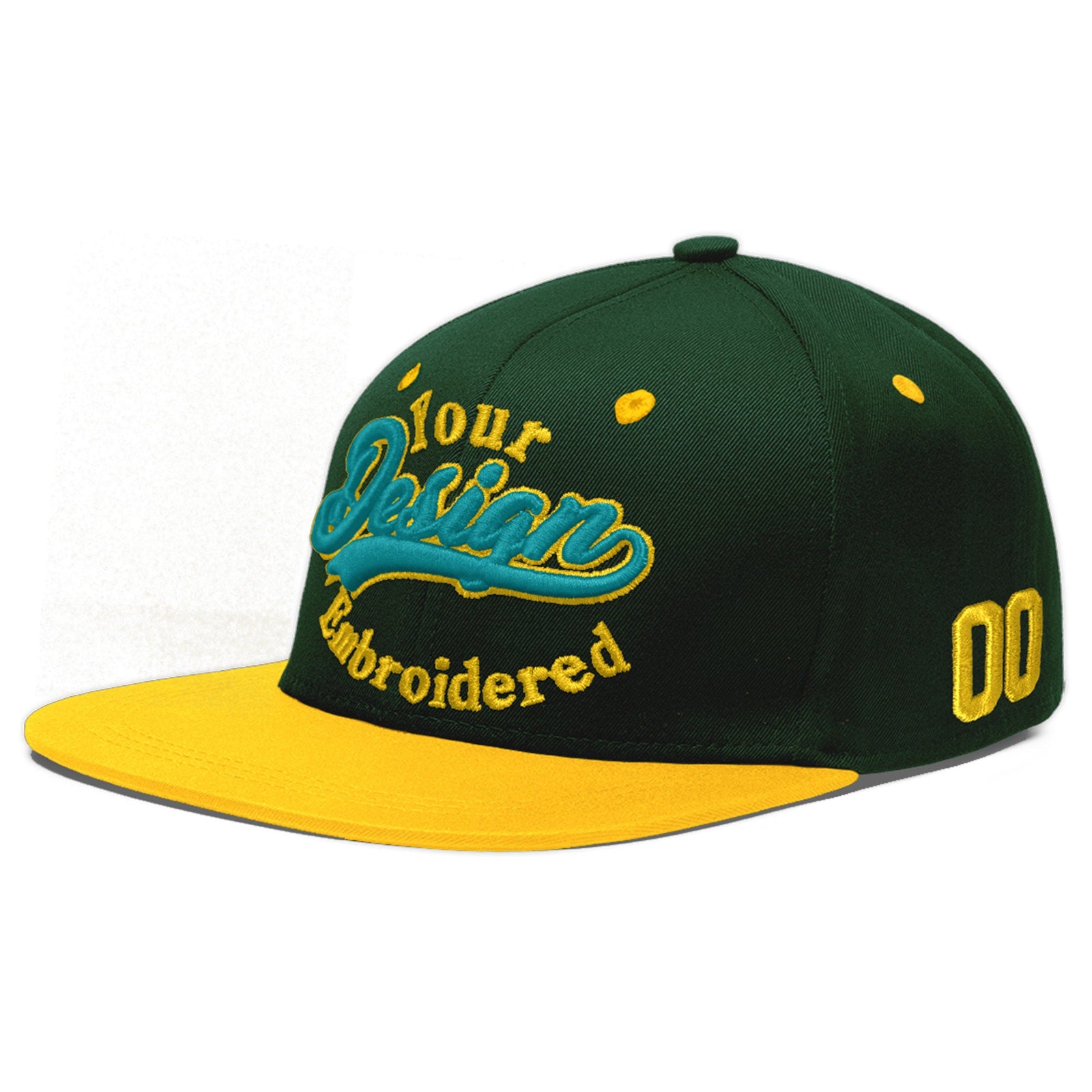 Custom Green Gold 3D Puff Embroidery Flat Embroidery Casual Sport Baseball Cap