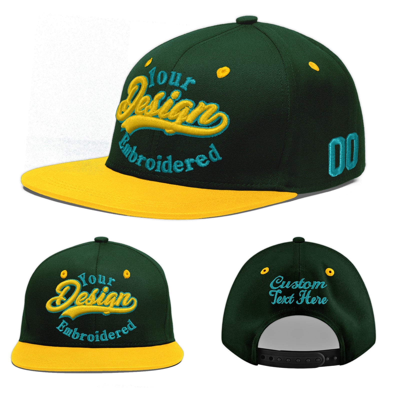 Custom Green Gold 3D Puff Embroidery Flat Embroidery Casual Sport Baseball Cap