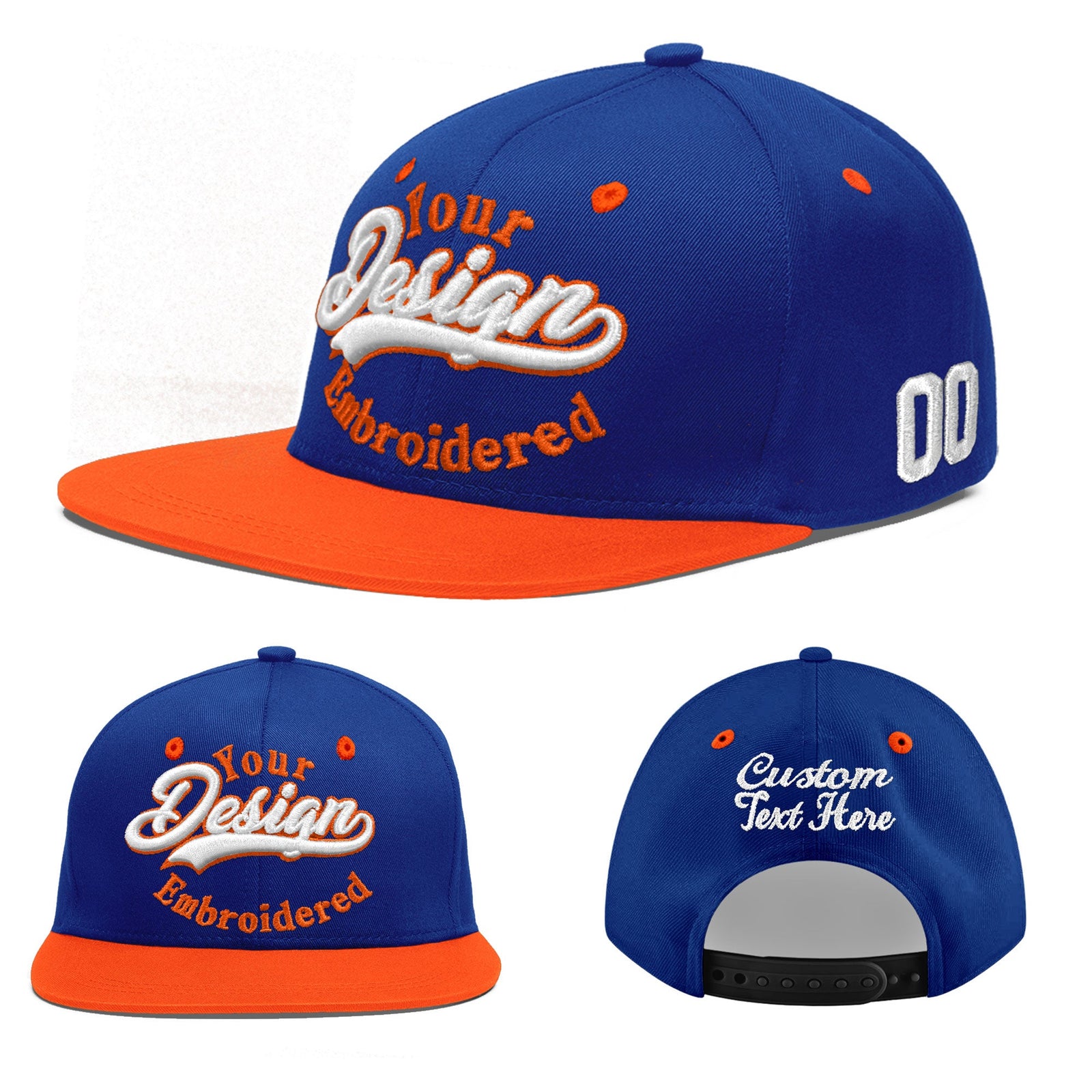 Custom Royal Blue Orange 3D Puff Embroidery Flat Embroidery Casual Sport Baseball Cap