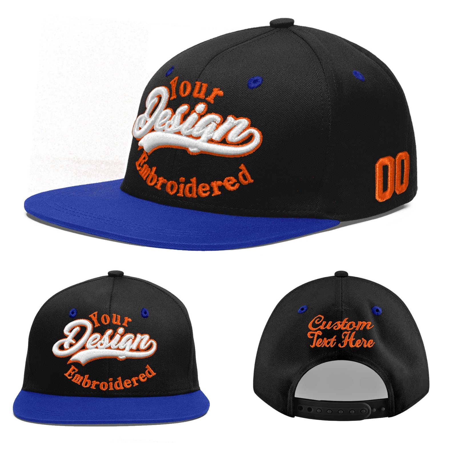 Custom Black Royal Blue 3D Puff Embroidery Flat Embroidery Casual Sport Baseball Cap