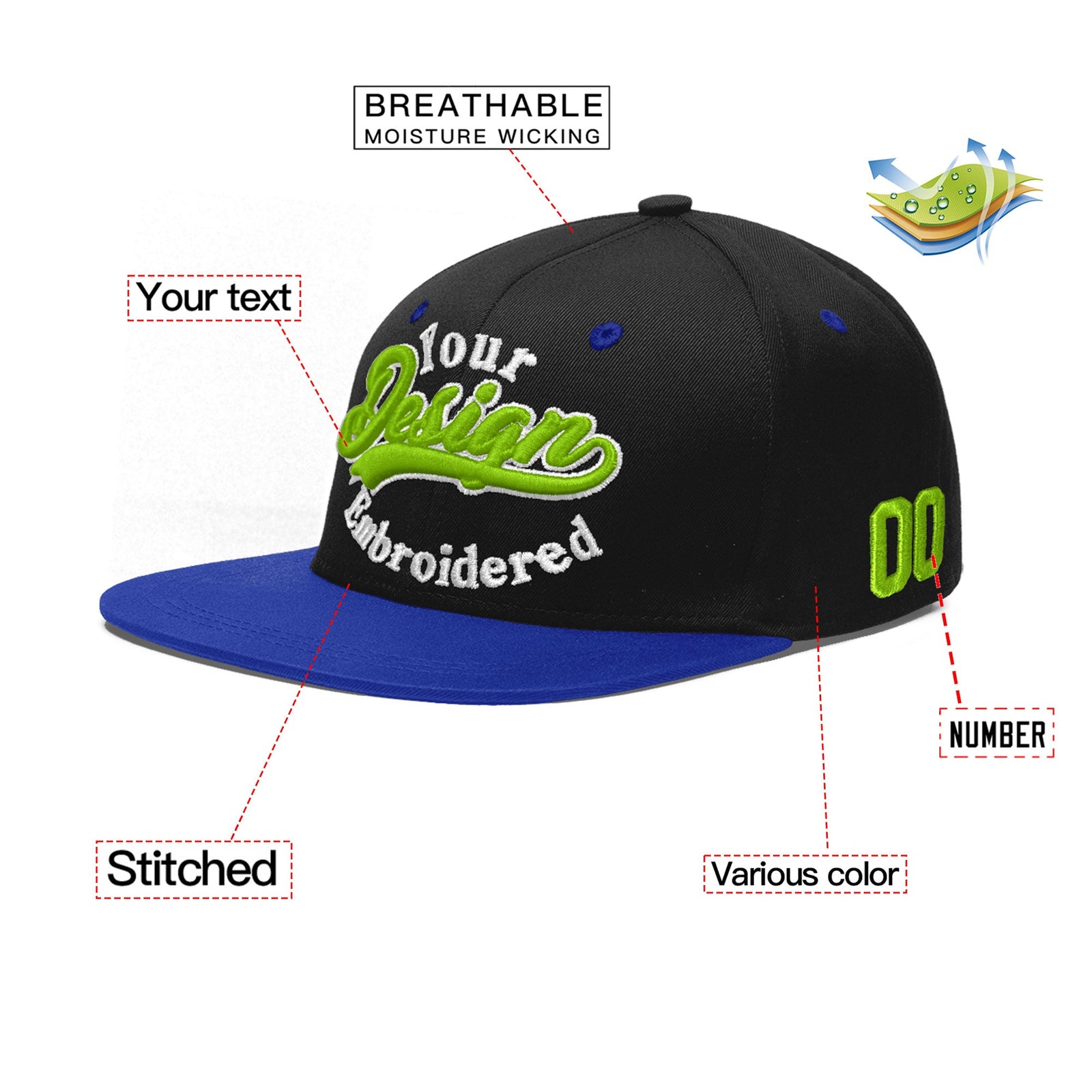 Custom Black Royal Blue 3D Puff Embroidery Flat Embroidery Casual Sport Baseball Cap