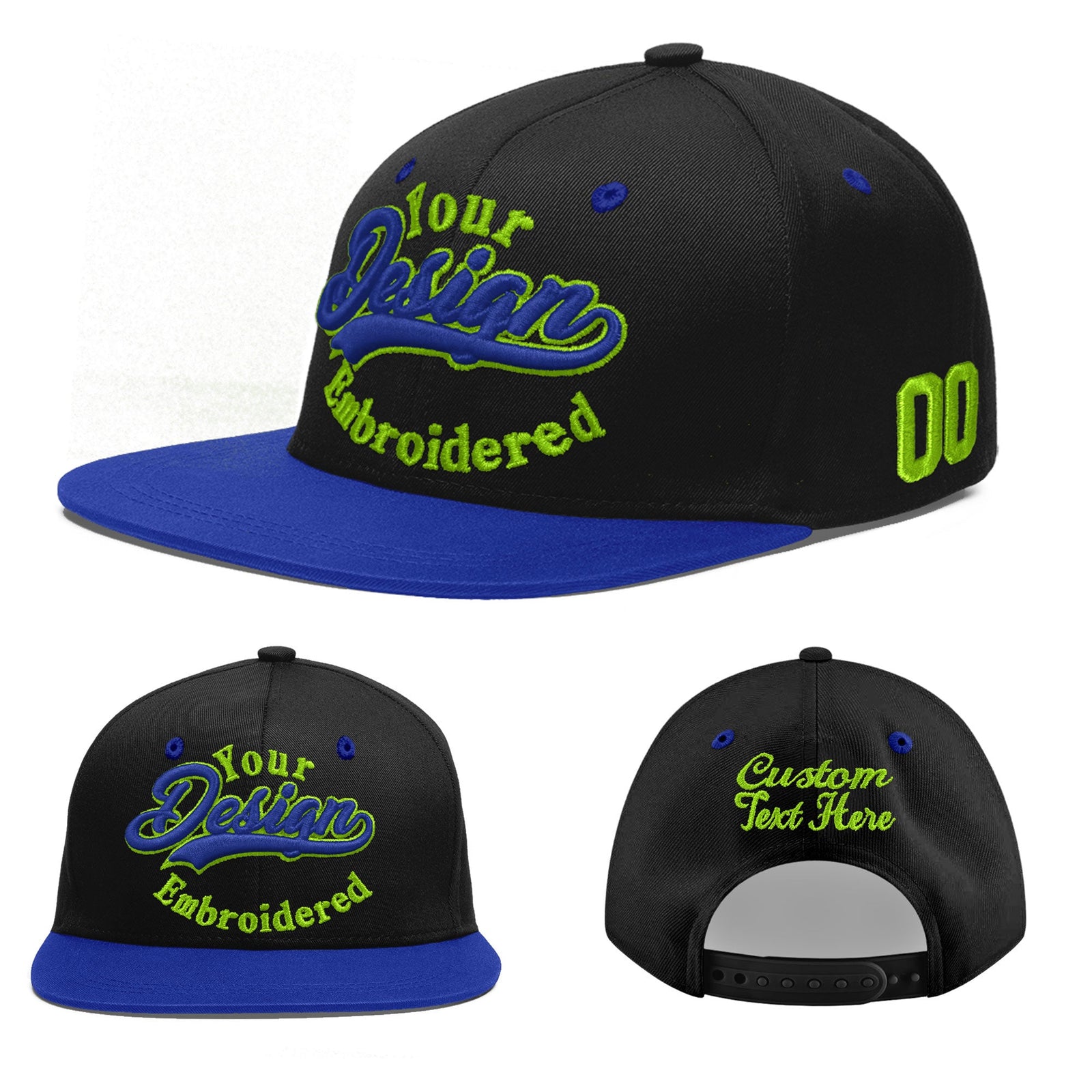 Custom Black Royal Blue 3D Puff Embroidery Flat Embroidery Casual Sport Baseball Cap