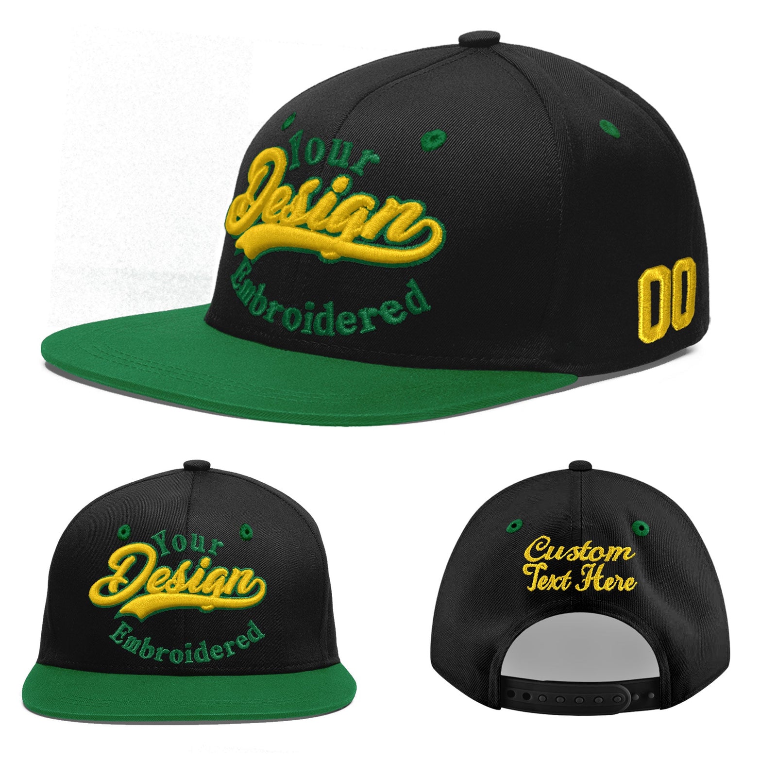 Custom Black Kelly Green 3D Puff Embroidery Flat Embroidery Casual Sport Baseball Cap