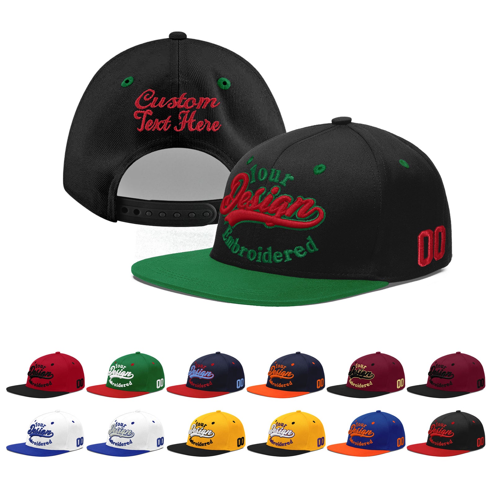Custom Black Kelly Green 3D Puff Embroidery Flat Embroidery Casual Sport Baseball Cap
