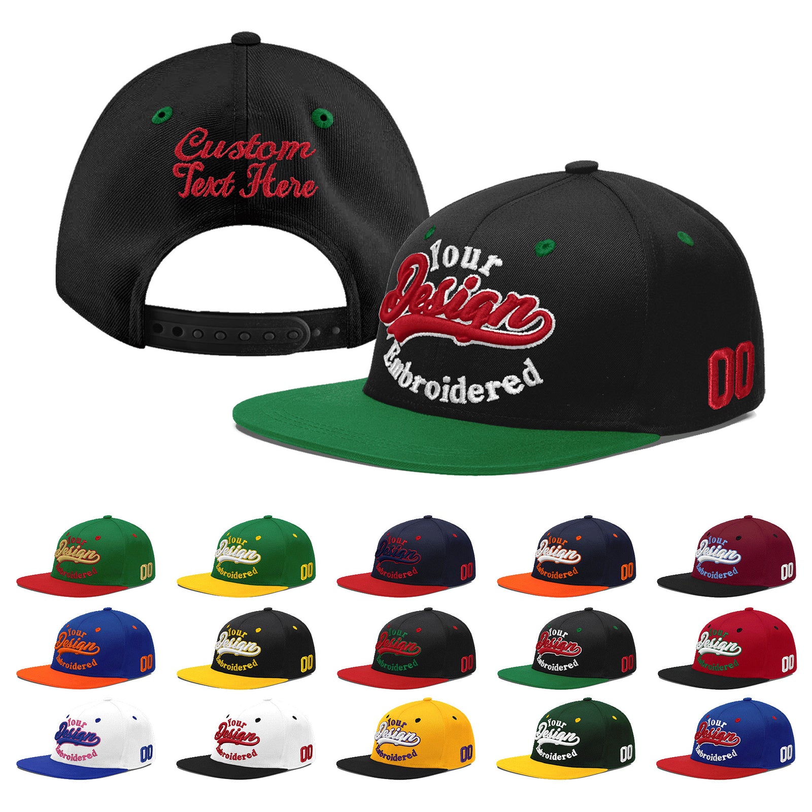 Custom Black Kelly Green 3D Puff Embroidery Flat Embroidery Casual Sport Baseball Cap