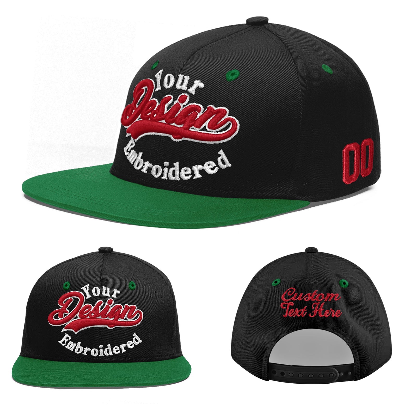 Custom Black Kelly Green 3D Puff Embroidery Flat Embroidery Casual Sport Baseball Cap