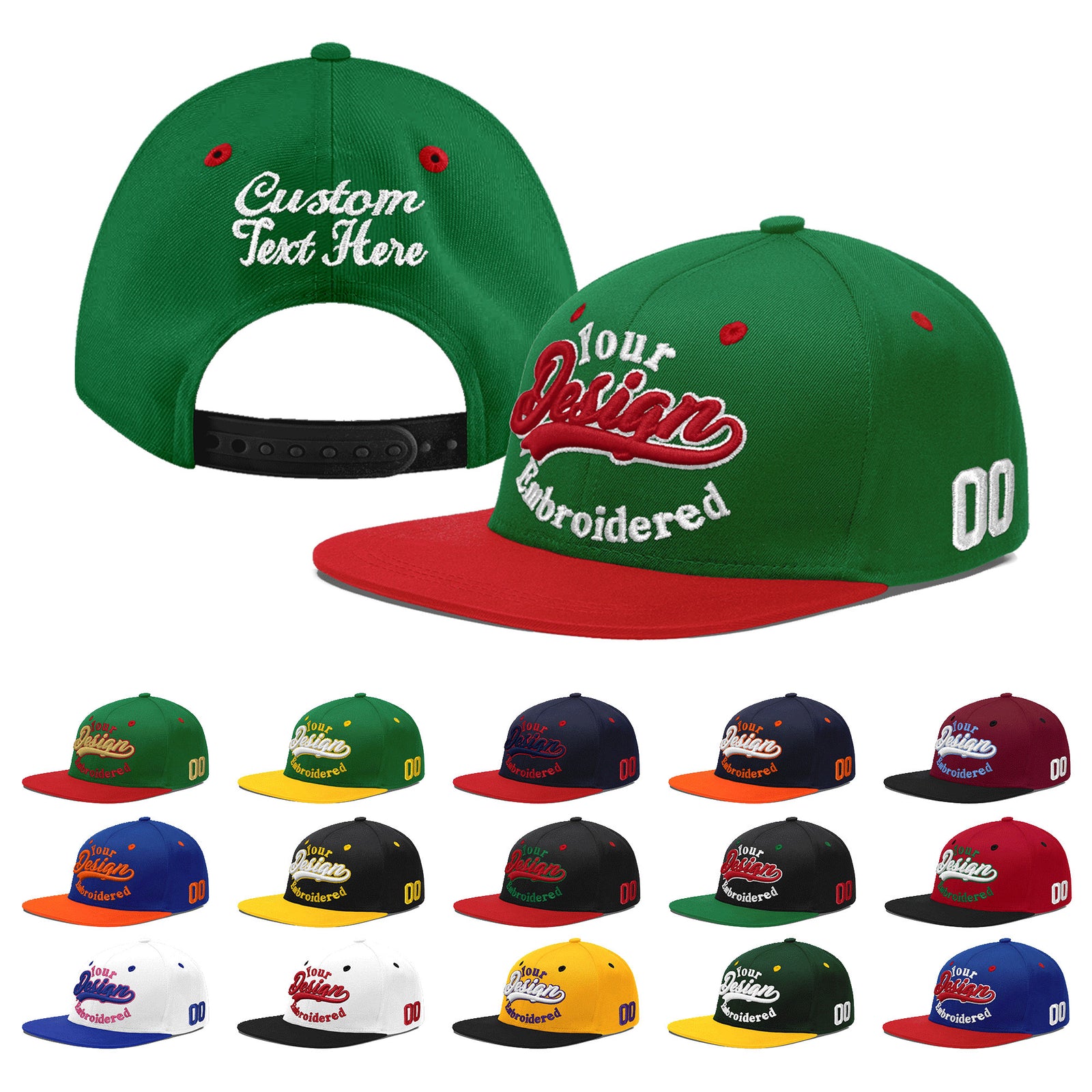 Custom Kelly Green Red 3D Puff Embroidery Flat Embroidery Casual Sport Baseball Cap