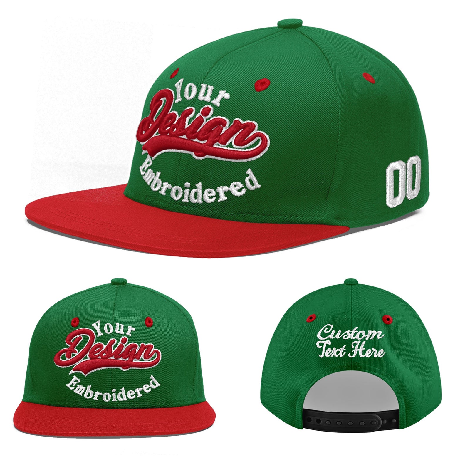 Custom Kelly Green Red 3D Puff Embroidery Flat Embroidery Casual Sport Baseball Cap