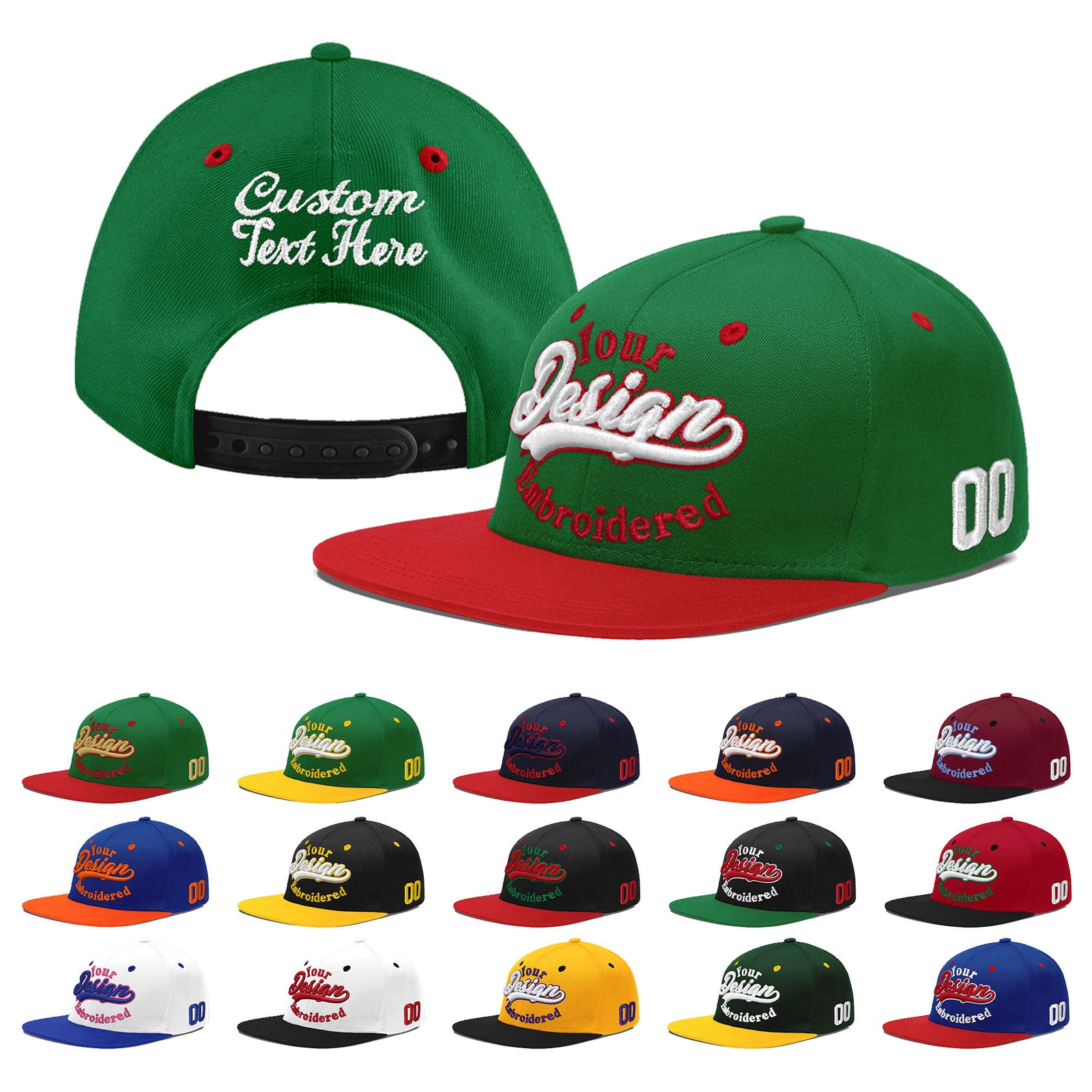 Custom Kelly Green Red 3D Puff Embroidery Flat Embroidery Casual Sport Baseball Cap