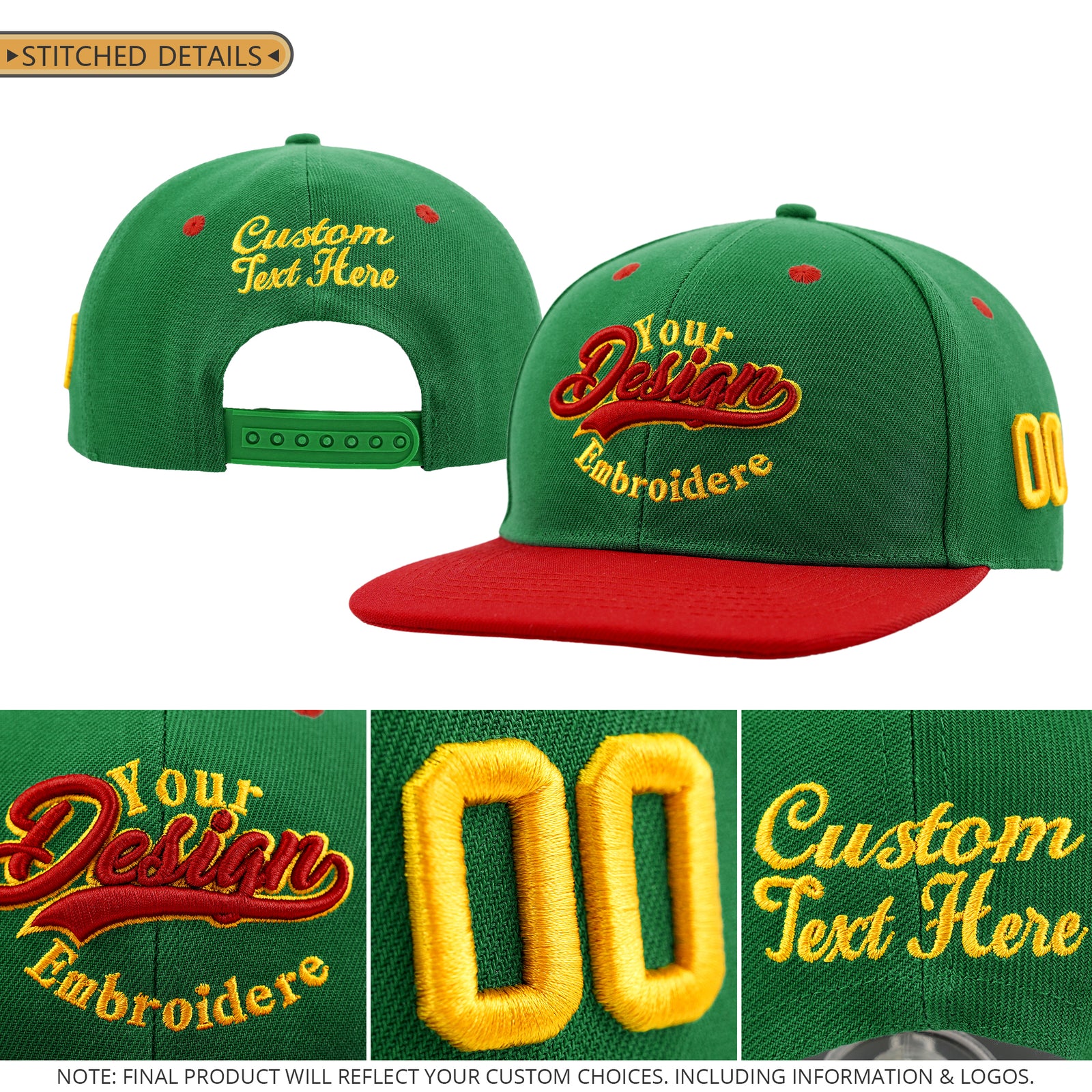 Custom Kelly Green Red 3D Puff Embroidery Flat Embroidery Casual Sport Baseball Cap