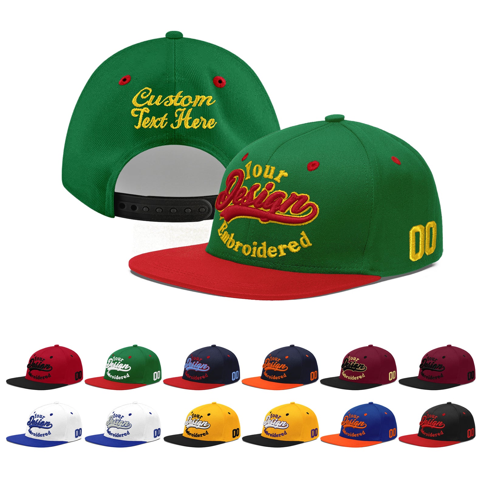 Custom Kelly Green Red 3D Puff Embroidery Flat Embroidery Casual Sport Baseball Cap