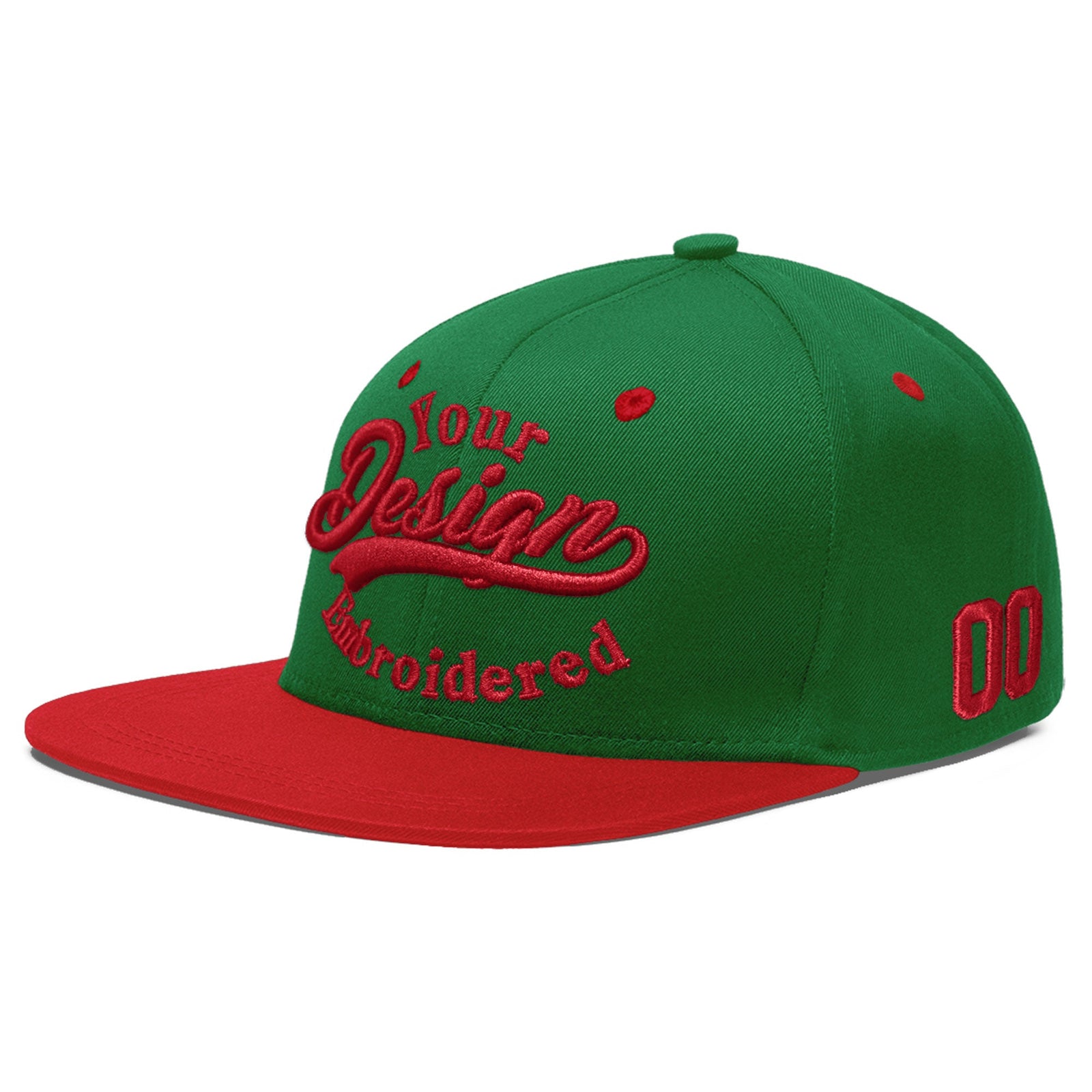 Custom Kelly Green Red 3D Puff Embroidery Flat Embroidery Casual Sport Baseball Cap