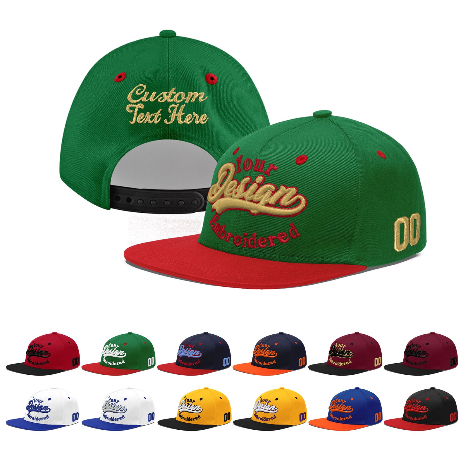 Custom Kelly Green Red 3D Puff Embroidery Flat Embroidery Casual Sport Baseball Cap