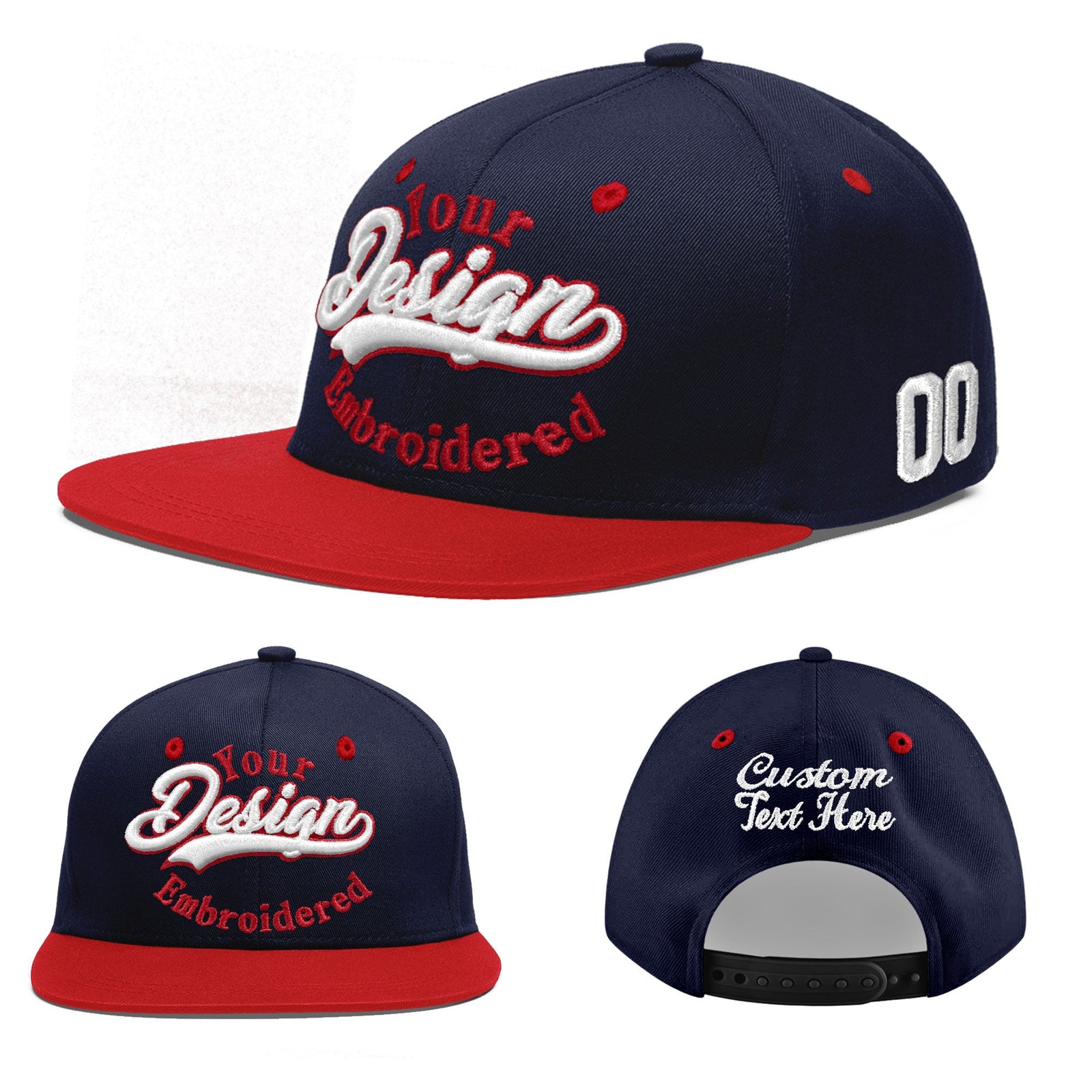 Custom Navy Red 3D Puff Embroidery Flat Embroidery Casual Sport Baseball Cap