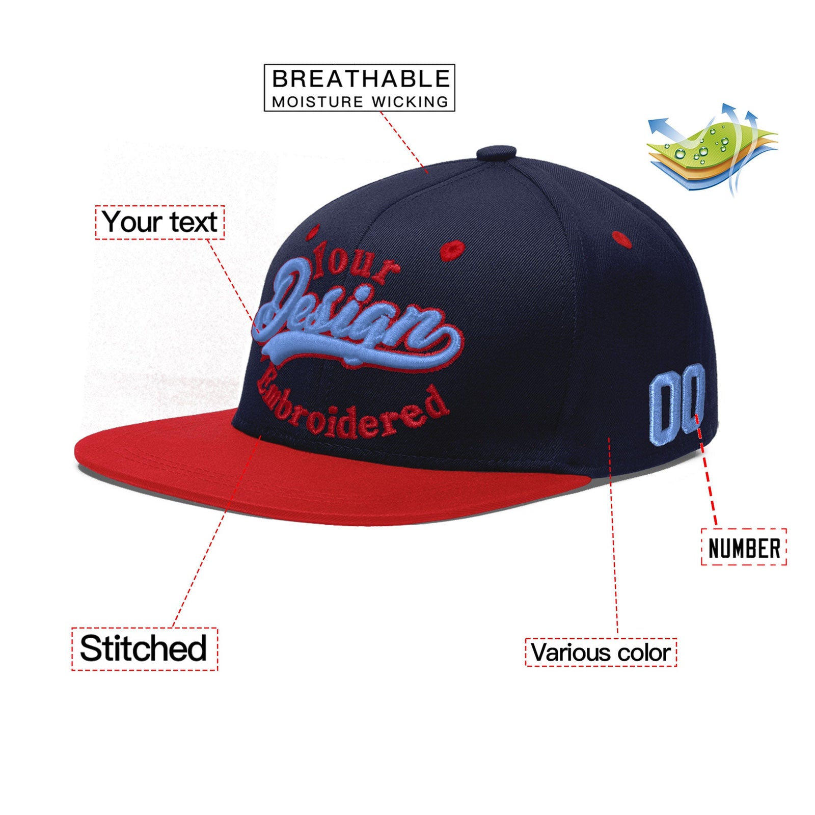 Custom Navy Red 3D Puff Embroidery Flat Embroidery Casual Sport Baseball Cap