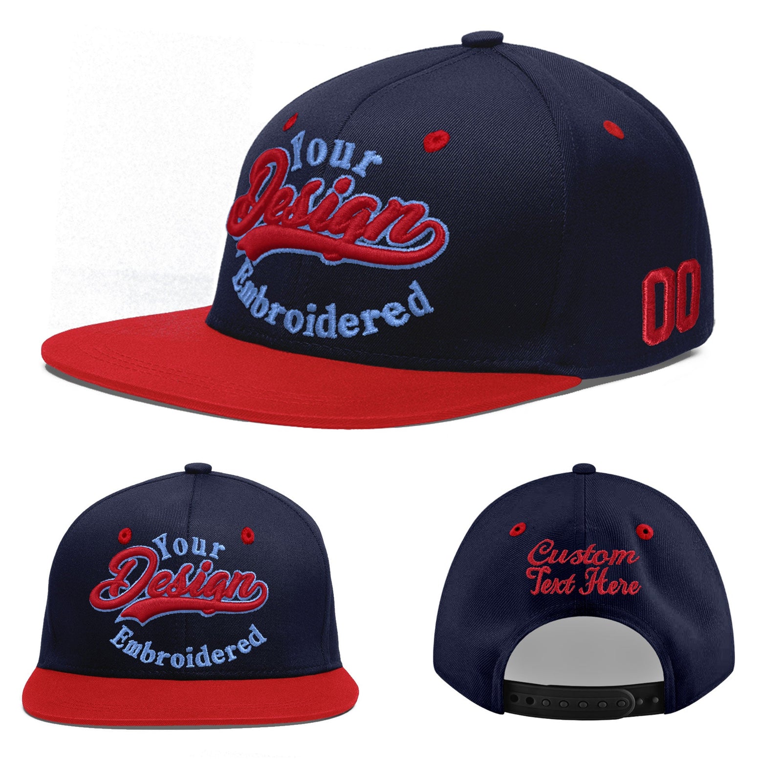 Custom Navy Red 3D Puff Embroidery Flat Embroidery Casual Sport Baseball Cap