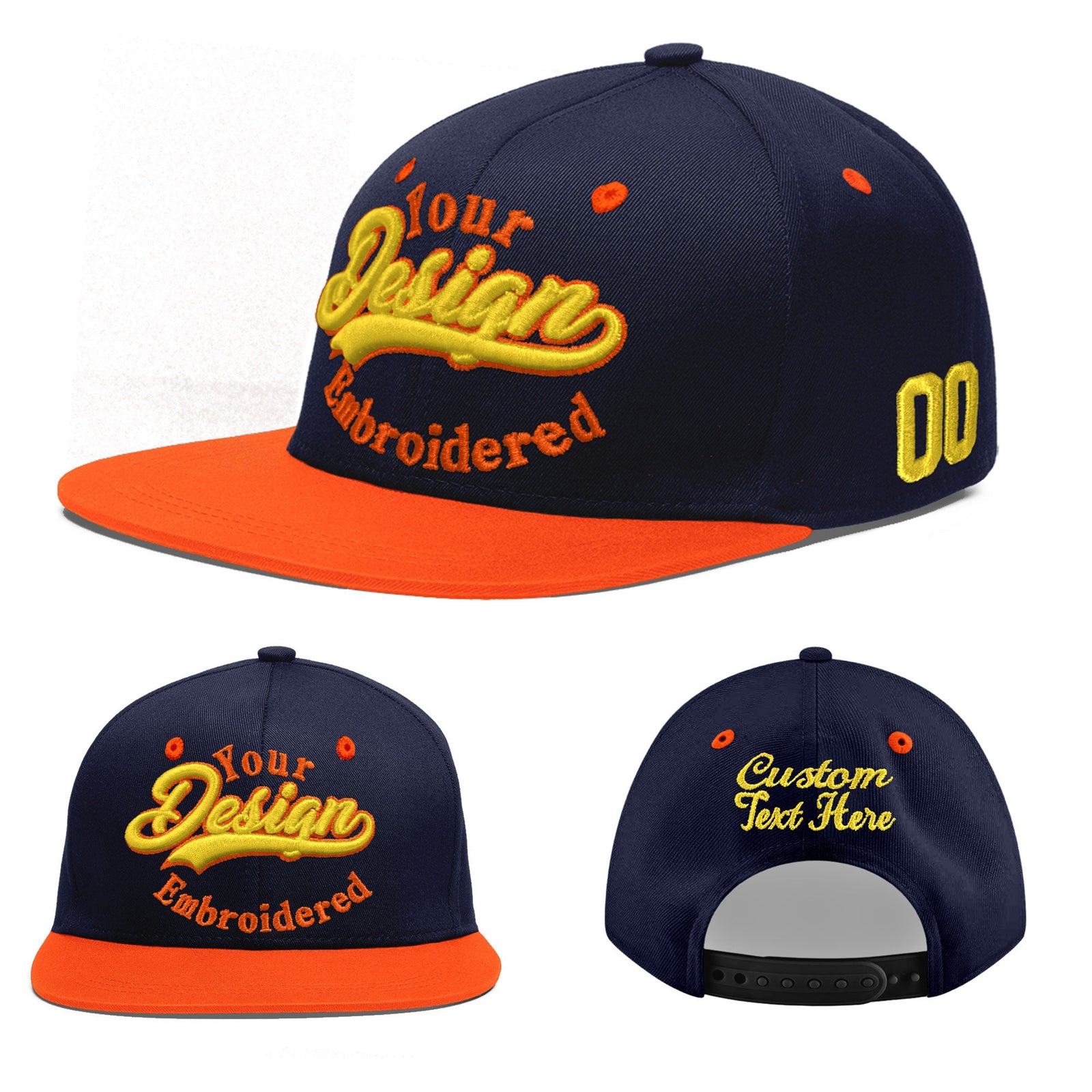 Custom Navy Orange 3D Puff Embroidery Flat Embroidery Casual Sport Baseball Cap