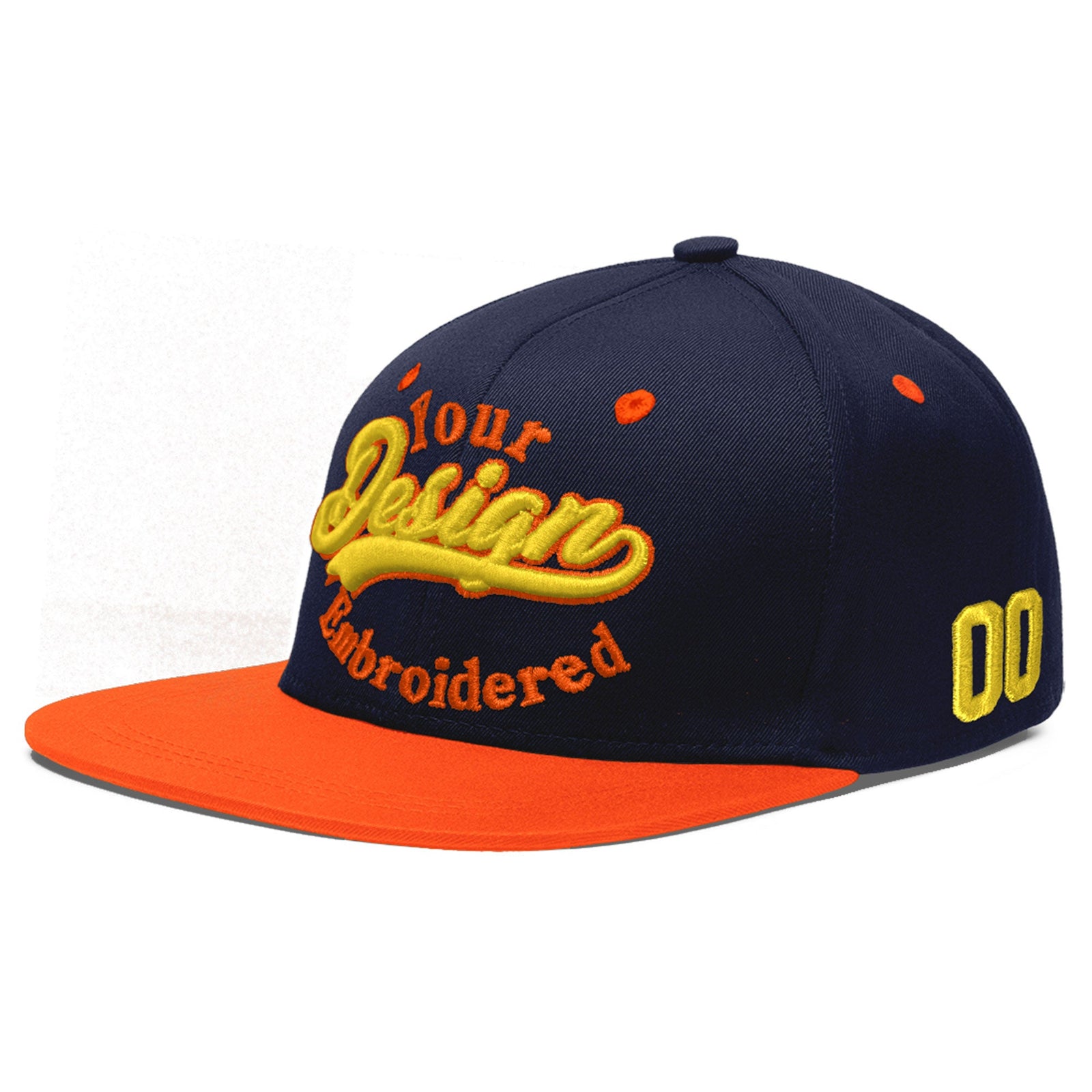 Custom Navy Orange 3D Puff Embroidery Flat Embroidery Casual Sport Baseball Cap