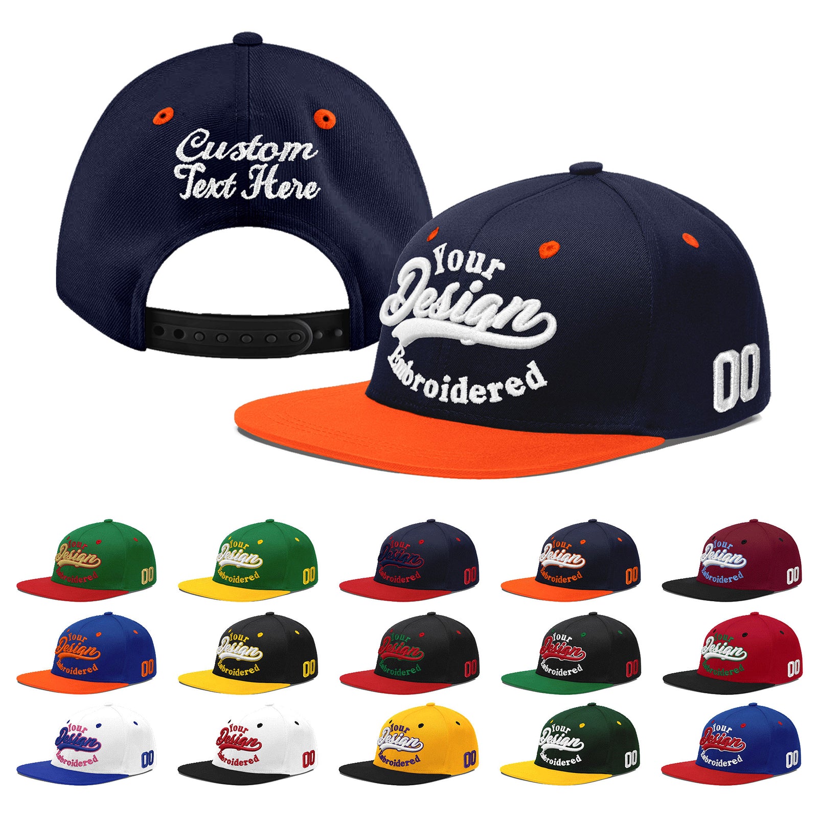 Custom Navy Orange 3D Puff Embroidery Flat Embroidery Casual Sport Baseball Cap