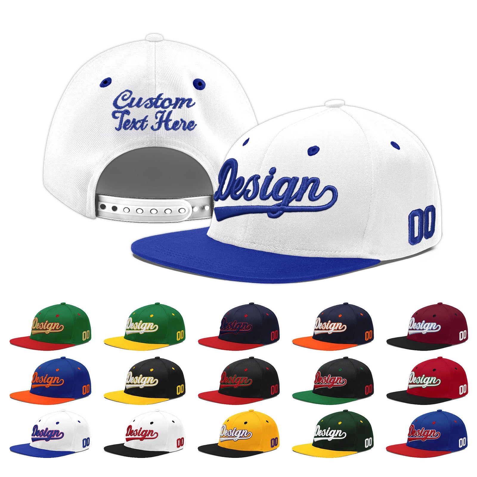 Custom White Royal Blue 3D Puff Embroidery Flat Embroidery Casual Sport Baseball Cap