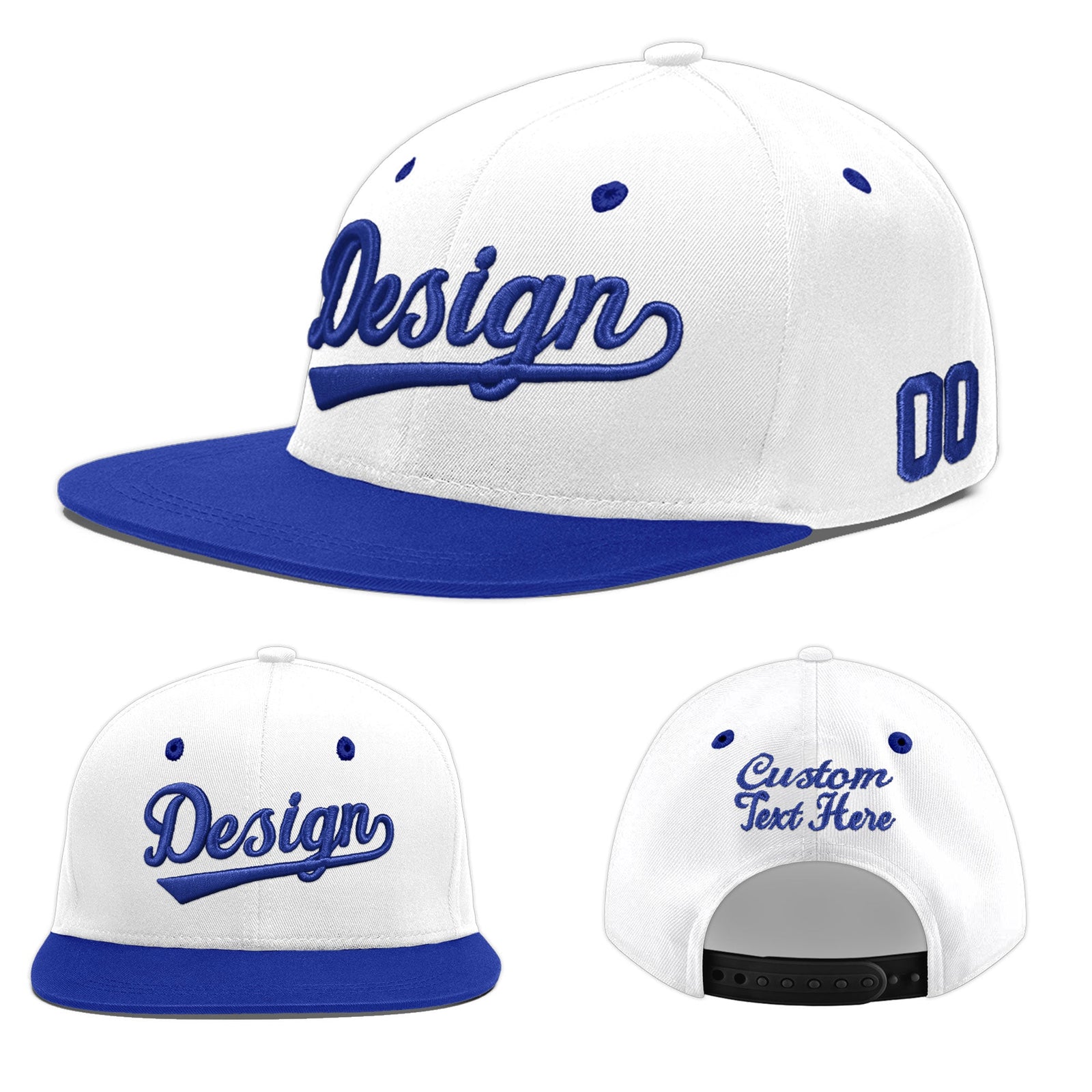 Custom White Royal Blue 3D Puff Embroidery Flat Embroidery Casual Sport Baseball Cap
