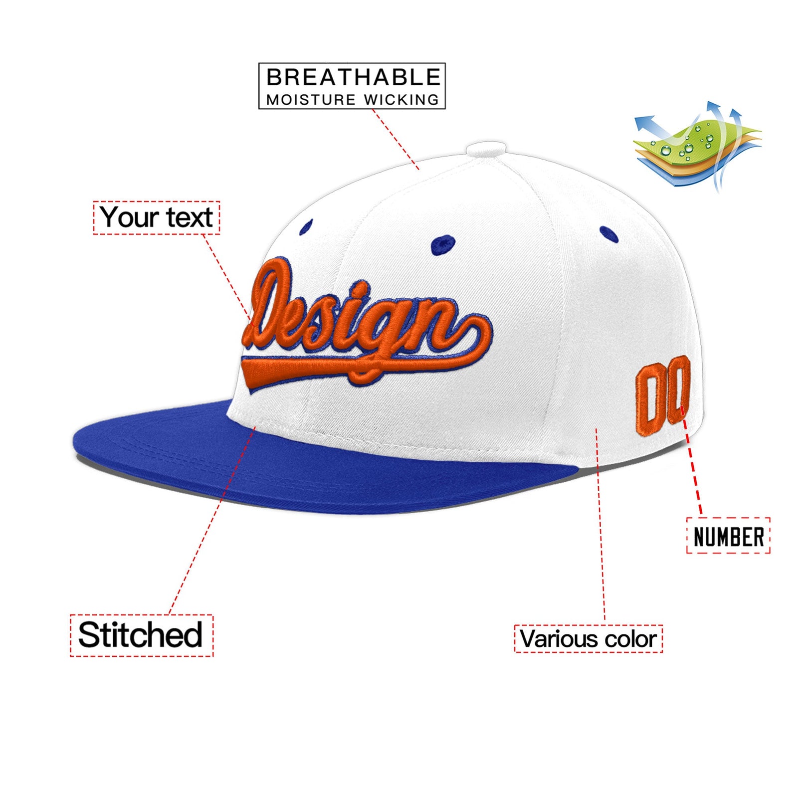 Custom White Royal Blue 3D Puff Embroidery Flat Embroidery Casual Sport Baseball Cap