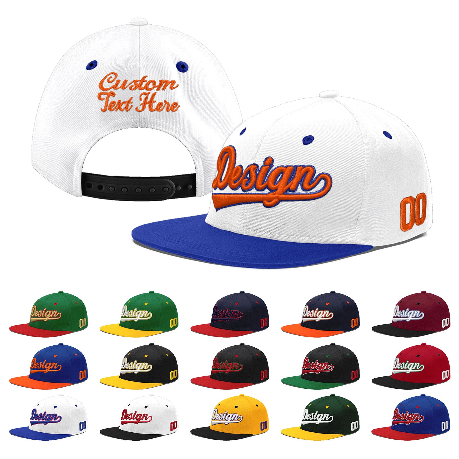 Custom White Royal Blue 3D Puff Embroidery Flat Embroidery Casual Sport Baseball Cap
