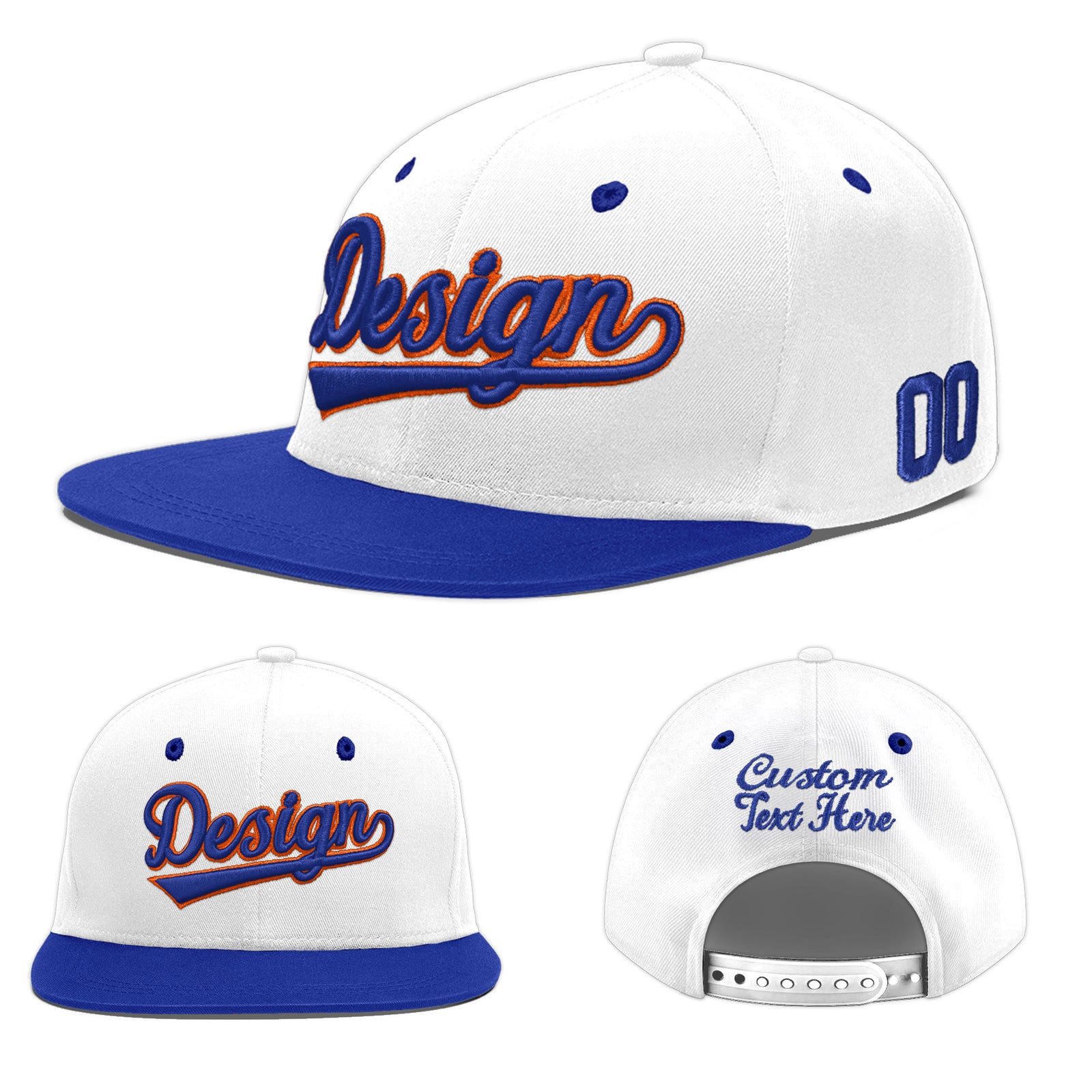 Custom White Royal Blue 3D Puff Embroidery Flat Embroidery Casual Sport Baseball Cap