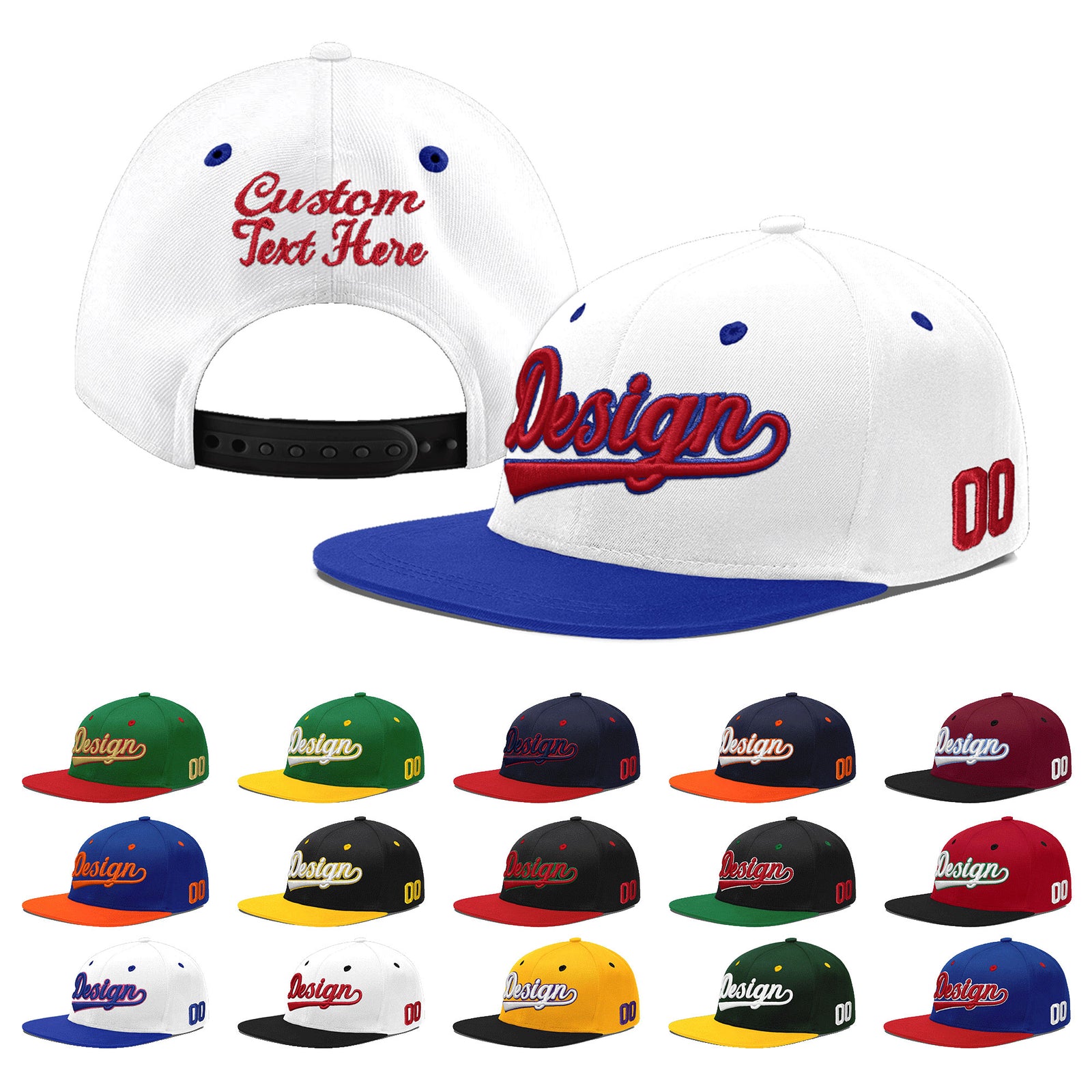Custom White Royal Blue 3D Puff Embroidery Flat Embroidery Casual Sport Baseball Cap