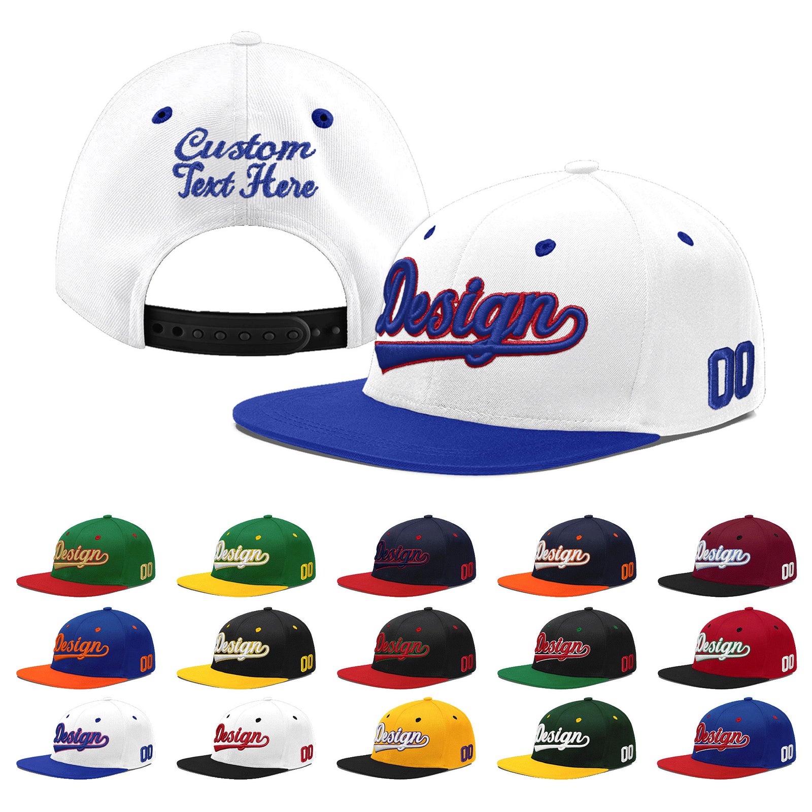 Custom White Royal Blue 3D Puff Embroidery Flat Embroidery Casual Sport Baseball Cap
